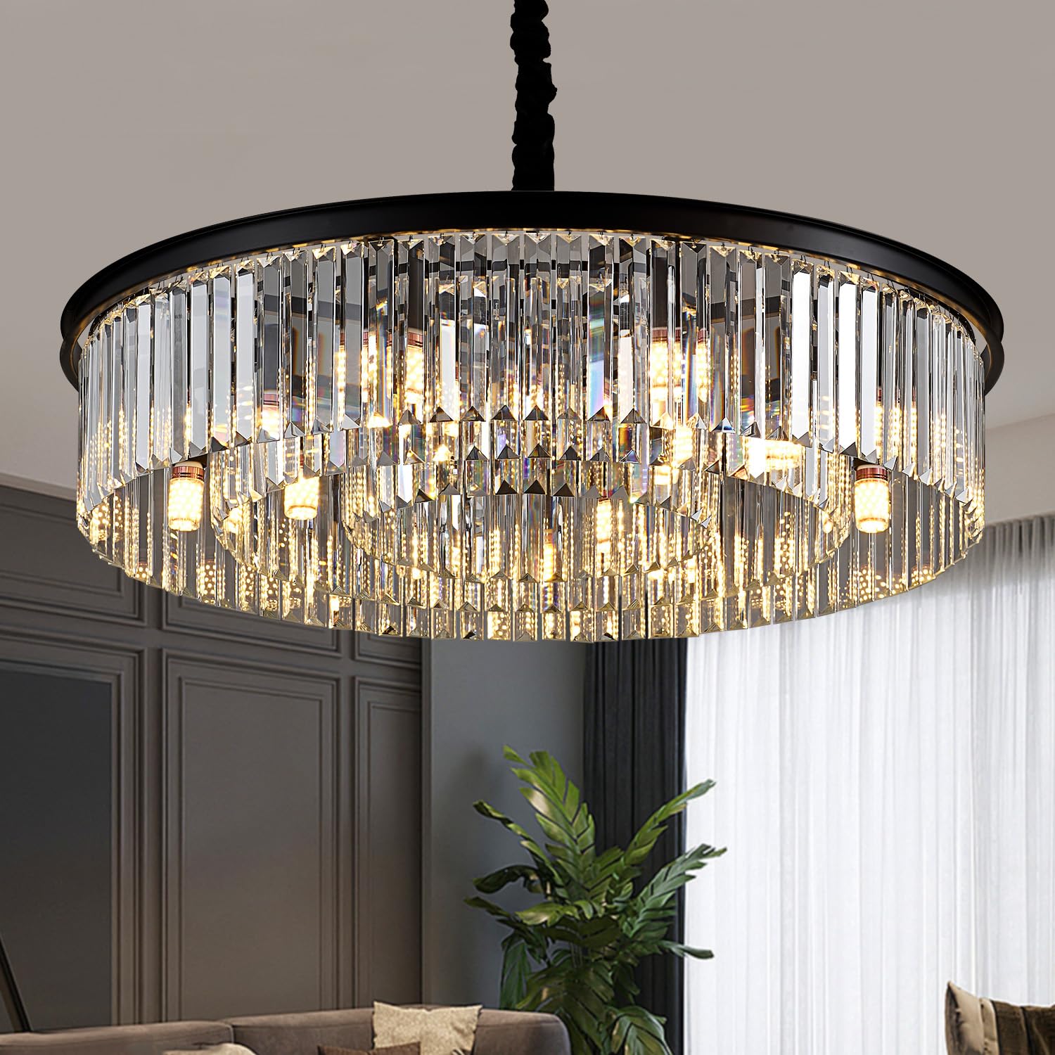 Lighceac 31.5" 12-Light Modern Crystal Chandelier Light Fixtures 3 Rings Black Luxury Chandeliers For Living Room Glam Round Hanging Ceiling Pendant Lighting For Entryway Kitchen Bedroom Dining Room