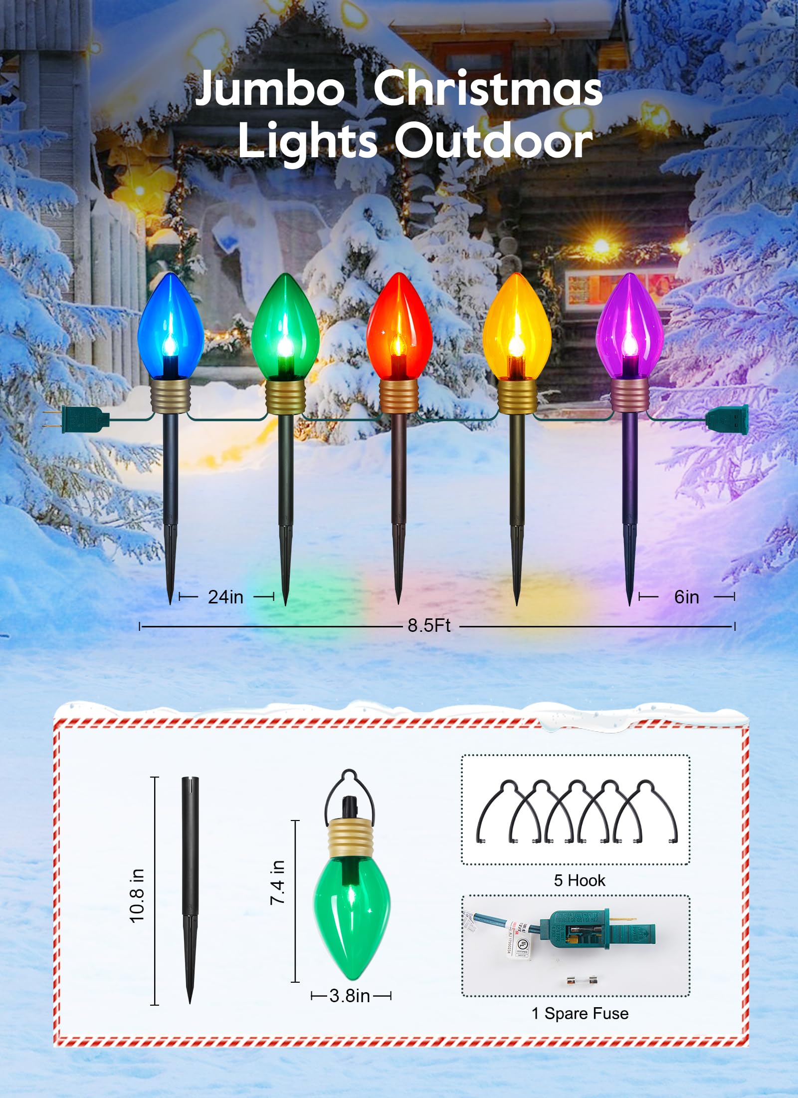 Moonflor Jumbo C9 Christmas Pathway Lights - 8.5ft Multicolor LED Bulbs for Outdoor Holiday Decoration, Model GY-C-50.6-U-B1
