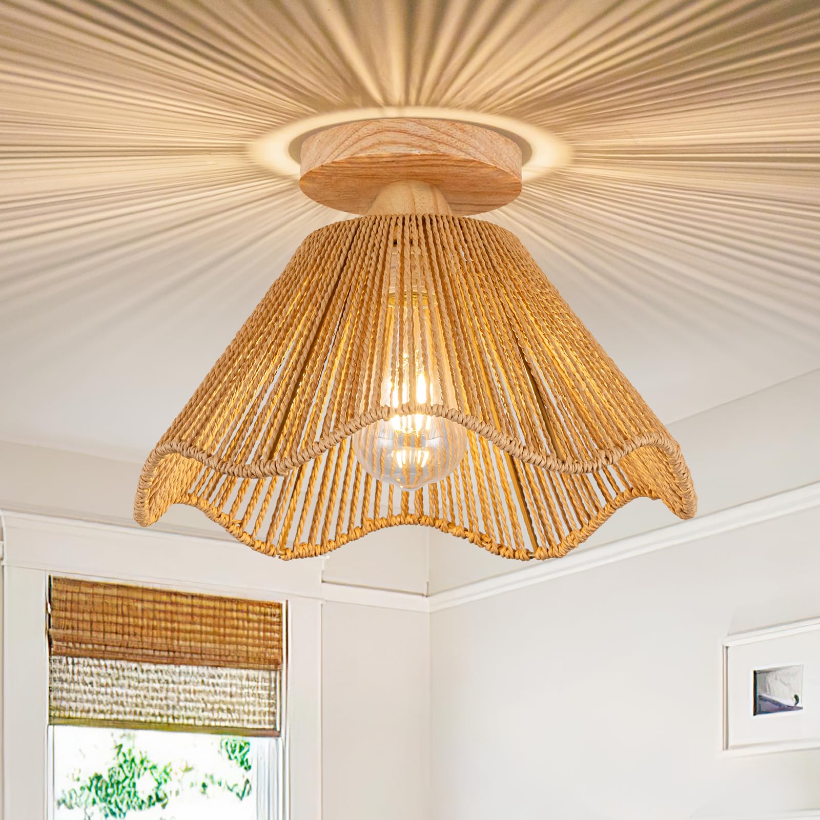Zswanbei Boho Ceiling Light Fixture, Rattan Mini Chandelier, D32cm, Brown, Model WBRattanXD001