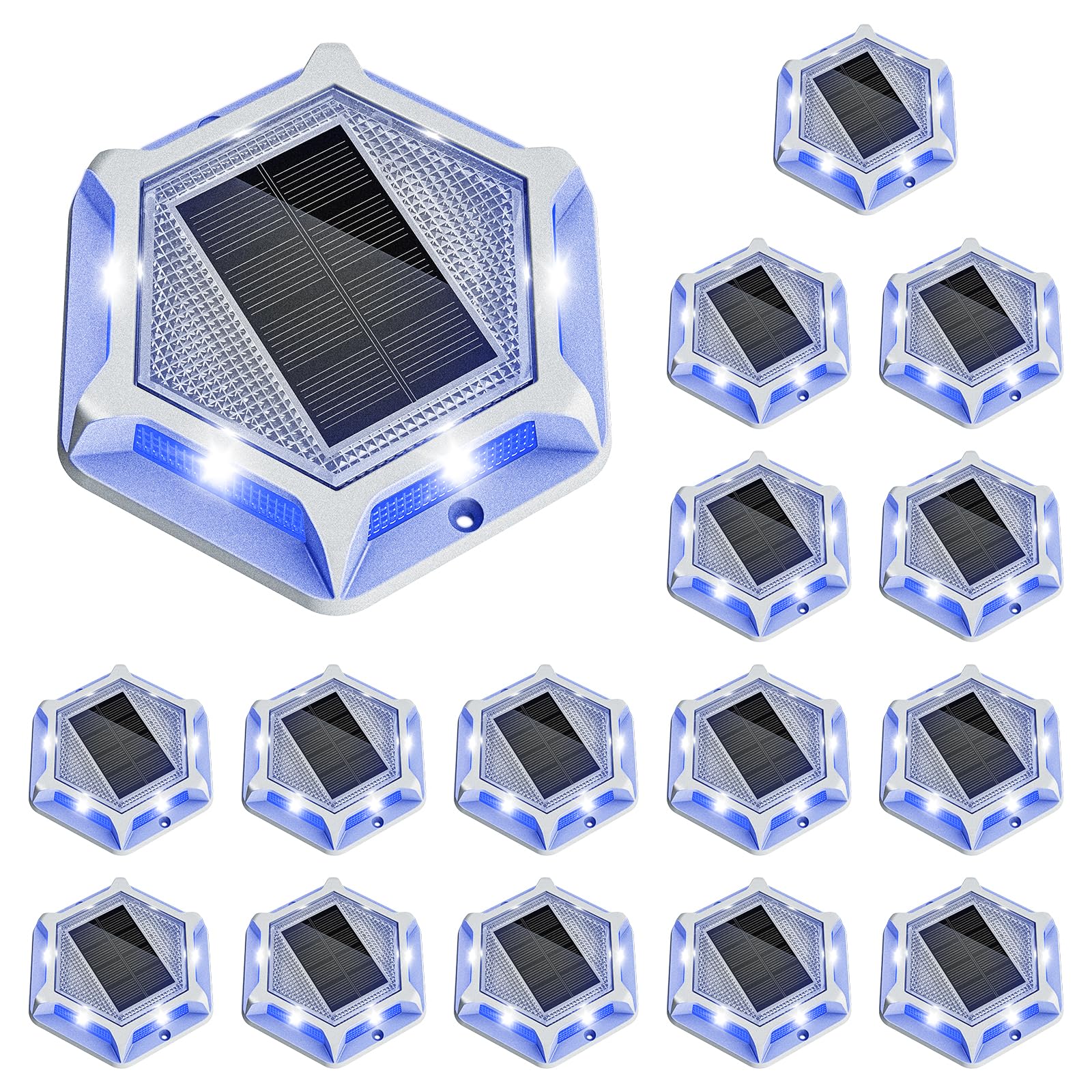 VOLISUN Solar Driveway Lights - 16 Pack Waterproof LED Marker Lights, IP67, White/Blue, Metal, Model 21386ZM