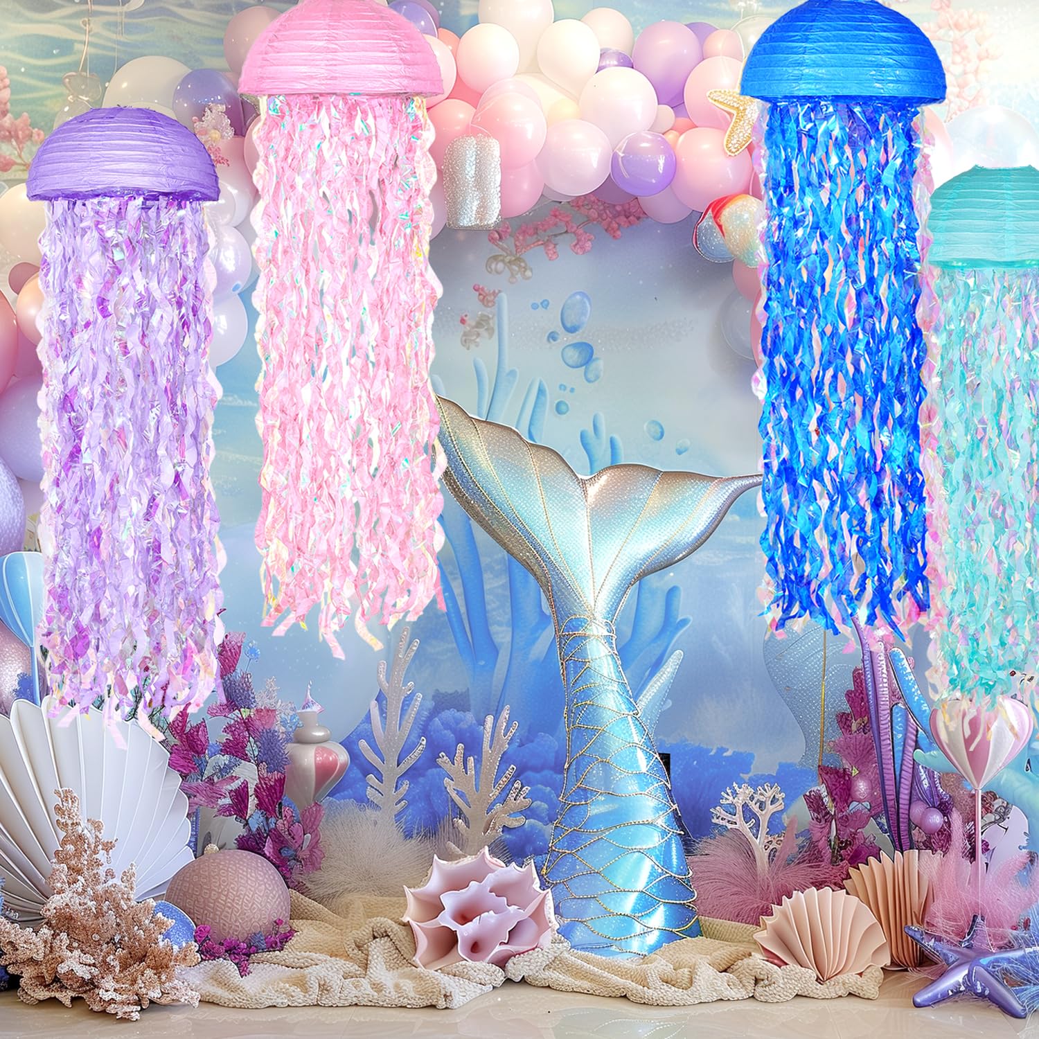 Obxt Hanging Jellyfish Lanterns Multi-Color 6 Pack - Ocean-Themed Decor For Under The Sea Mermaid Birthday Party Classroom & Vbs