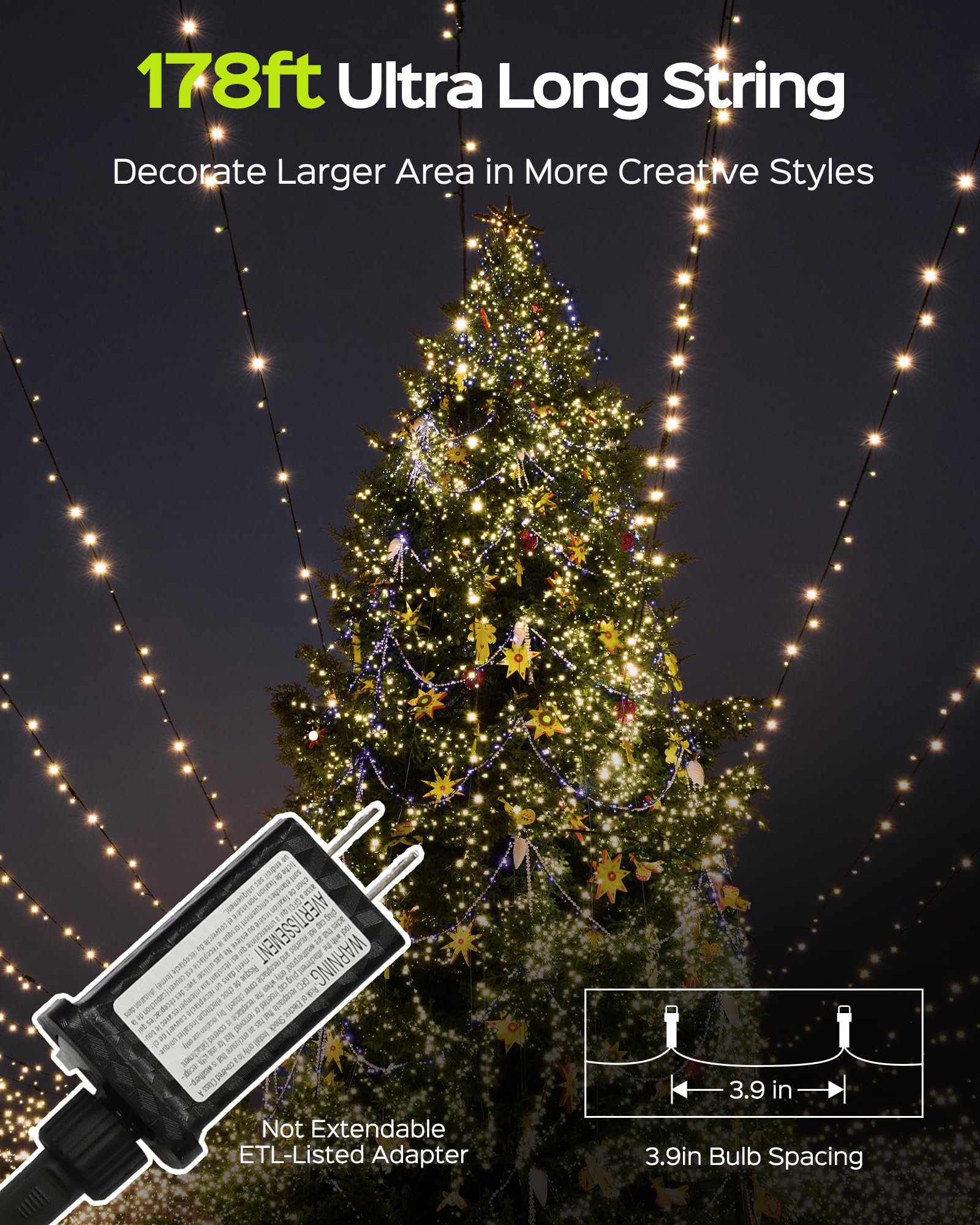 Super Long 500 Led 178Ft Christmas Lights, Bright Bubble Led Christmas Tree Lights W/ 8 Modes & Memory, 2024 Upgraded Twinkle Le