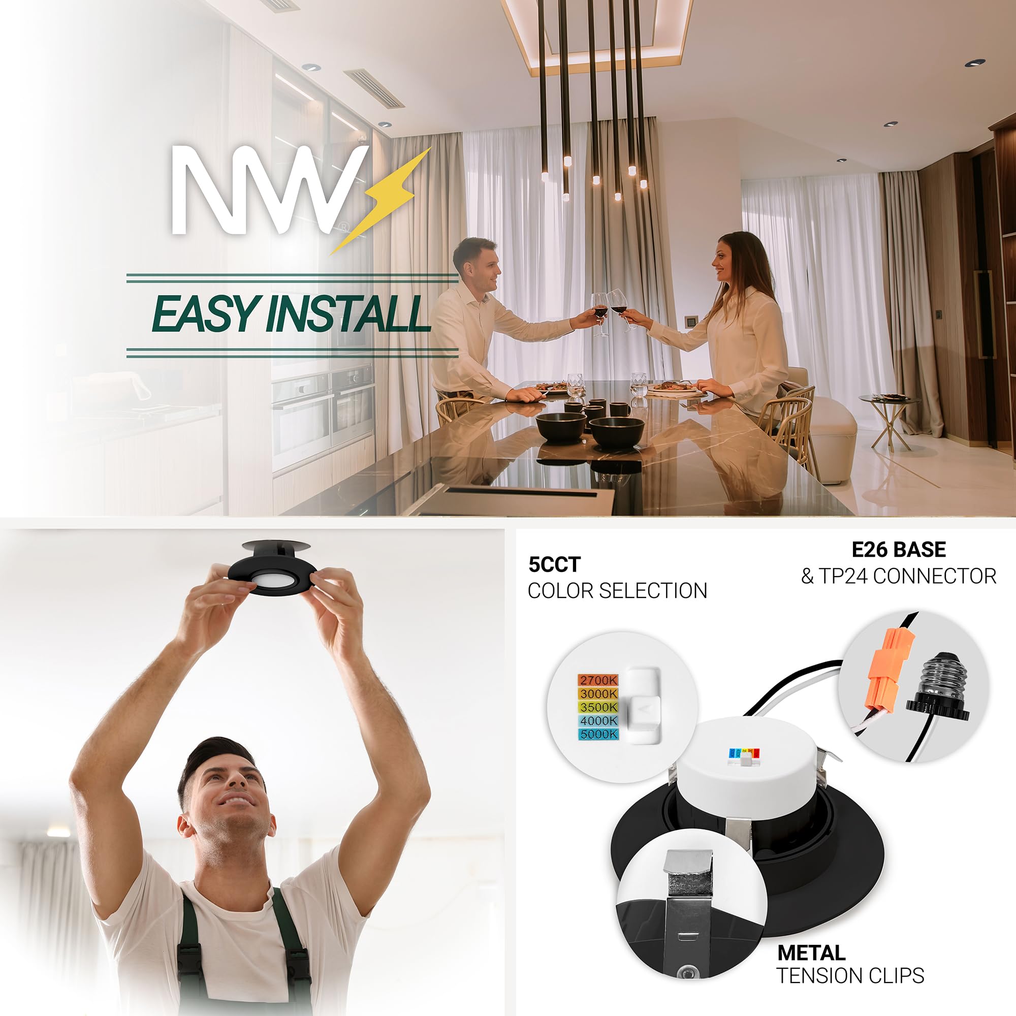 NUWATT 24 Pack Black 4" Gimbal LED Recessed Lighting, 5CCT 2700K-5000K, 10W Dimmable Adjustable for Sloped