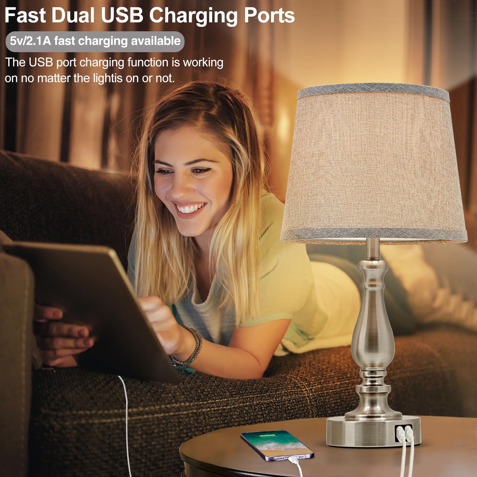 Ejiaxin Table Lamps For Bedroom Set Of 2,3 Way Dimmable Touch Bedside Lamps With Dual Usb A+C Ports - Nightstand Lamp For End Ta