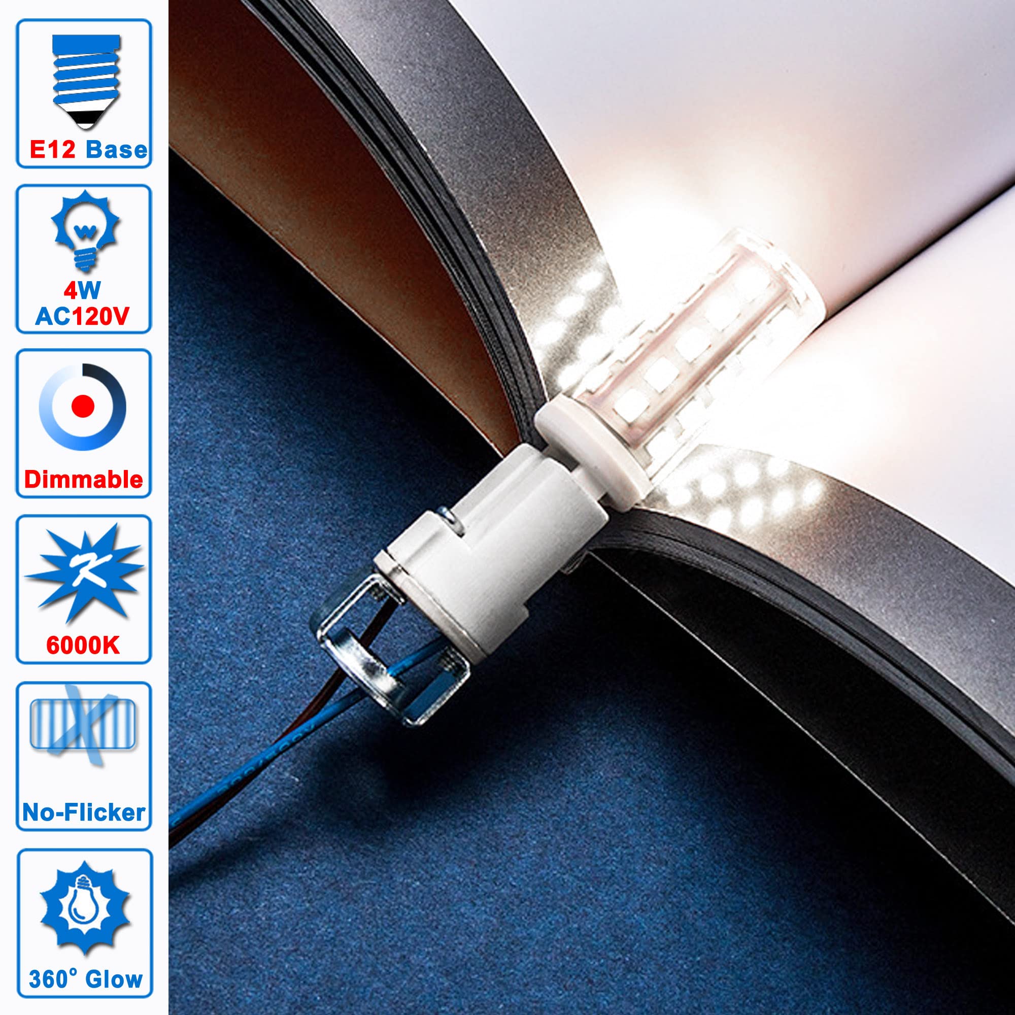 Ziomitus E12 25W-40W 6000K Daylight White Dimmable Led Bulbs Replacement, T6 Small Base E12 C7 Led Candelabra Bulbs 4W Bright Co