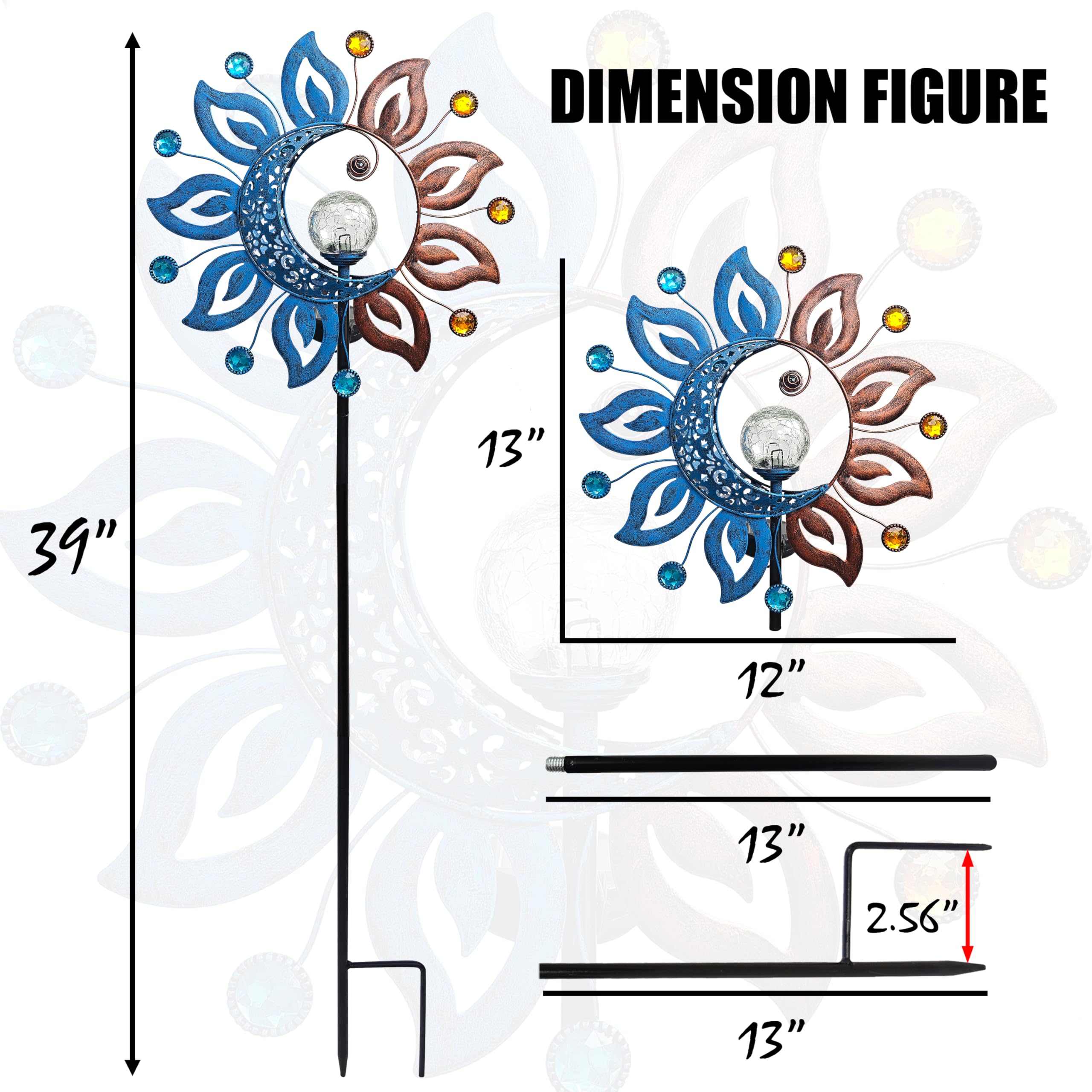 Qobumy Sun Moon Solar Lights Garden Stake Outdoor Decoration,Sun Moon Crackle Glass Globe Solar Metal Stake Light, Waterproof Le