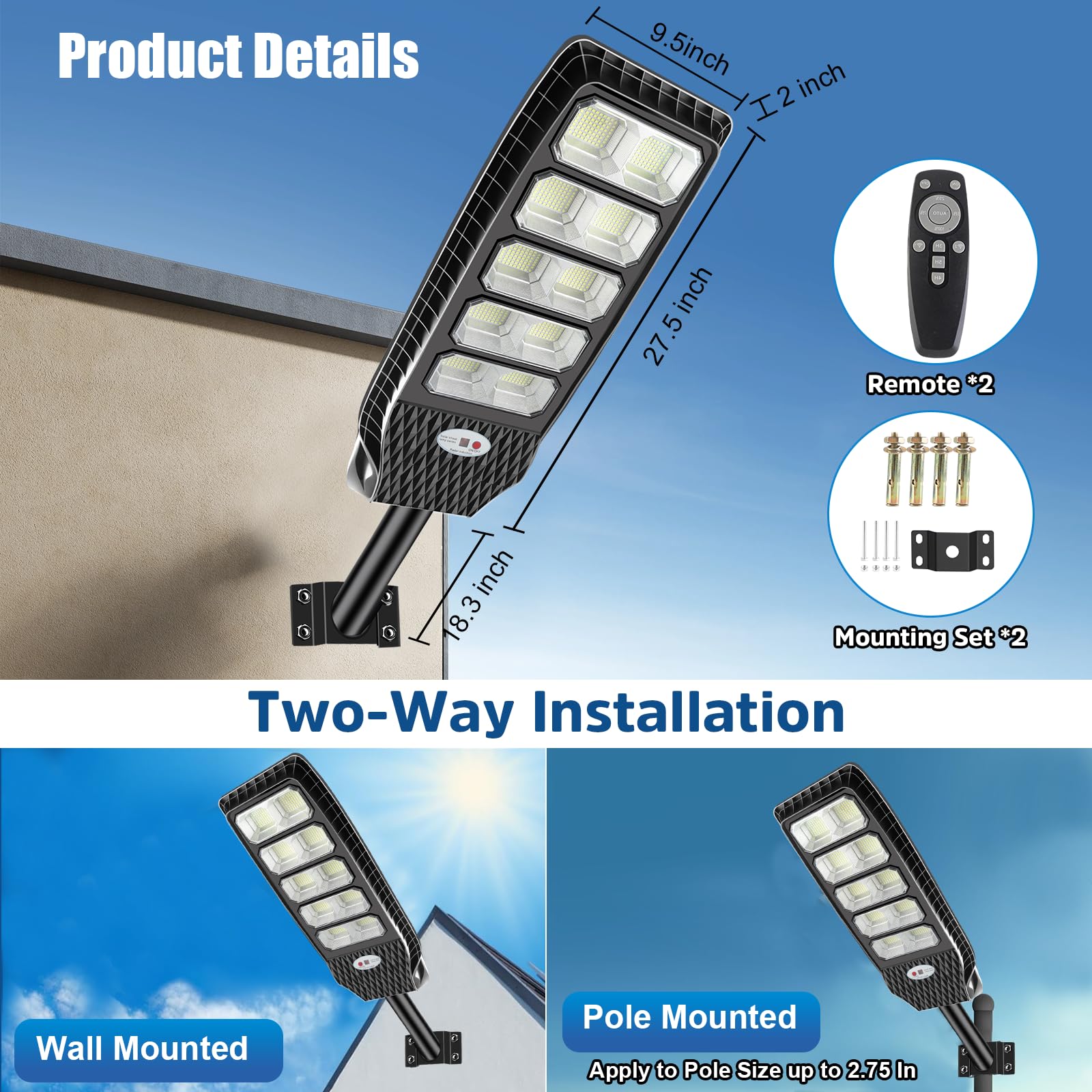 VUAA Solar Street Lights - 6500K, 20000LM, 576 LEDs, Dusk to Dawn, Motion Sensor, 1200W, Black, Model JI99-SL