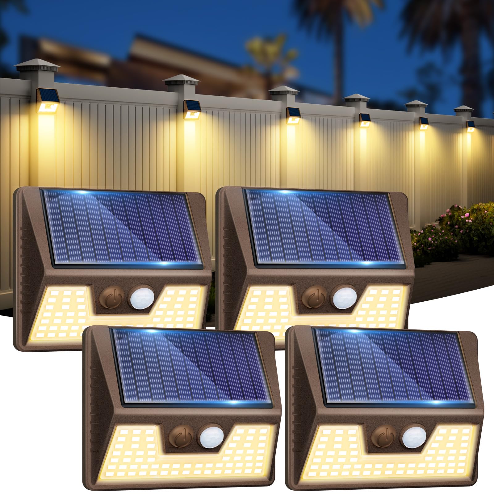 vighep 4 Pack Solar Fence Lights Waterproof, Motion Sensor Deck Lights Outdoor, Warm White LED Outside Lights Wireless for Wall 