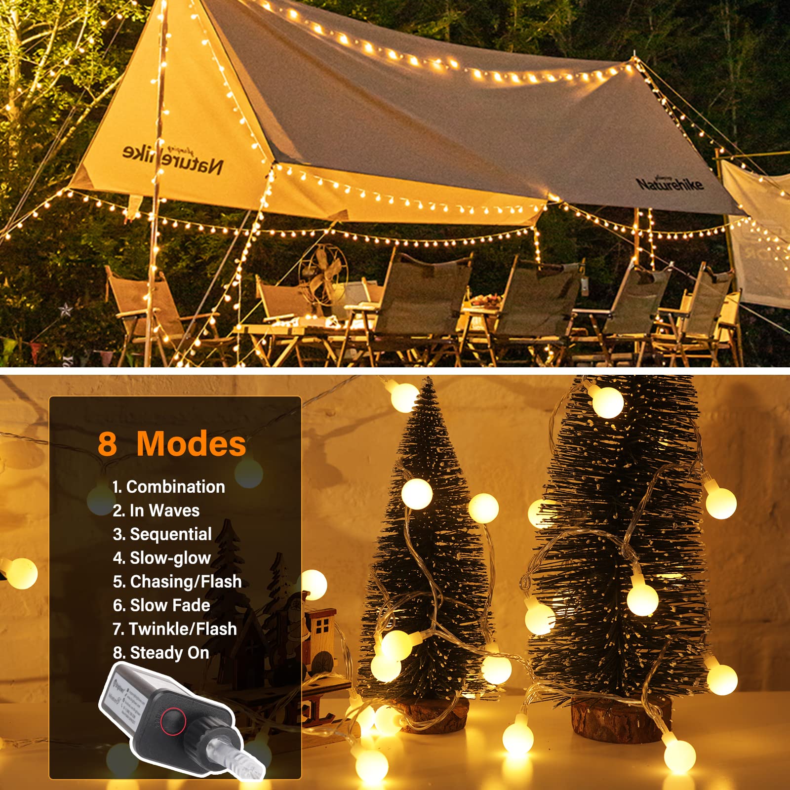 Minetom Globe String Lights, 100 LED Warm White Fairy Lights, 33Ft, 8 Modes, Indoor Outdoor Decor, Model 100L