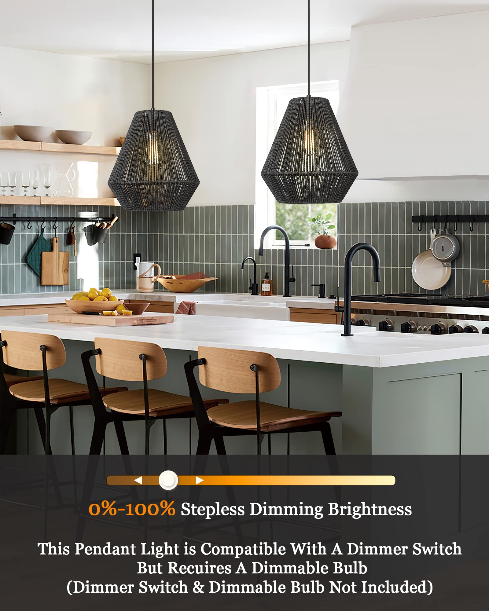 Elyona 11.8&quot; Modern Woven Pendant Light - Black Rattan Shade For Kitchen, Dining, Bar, Bedroom