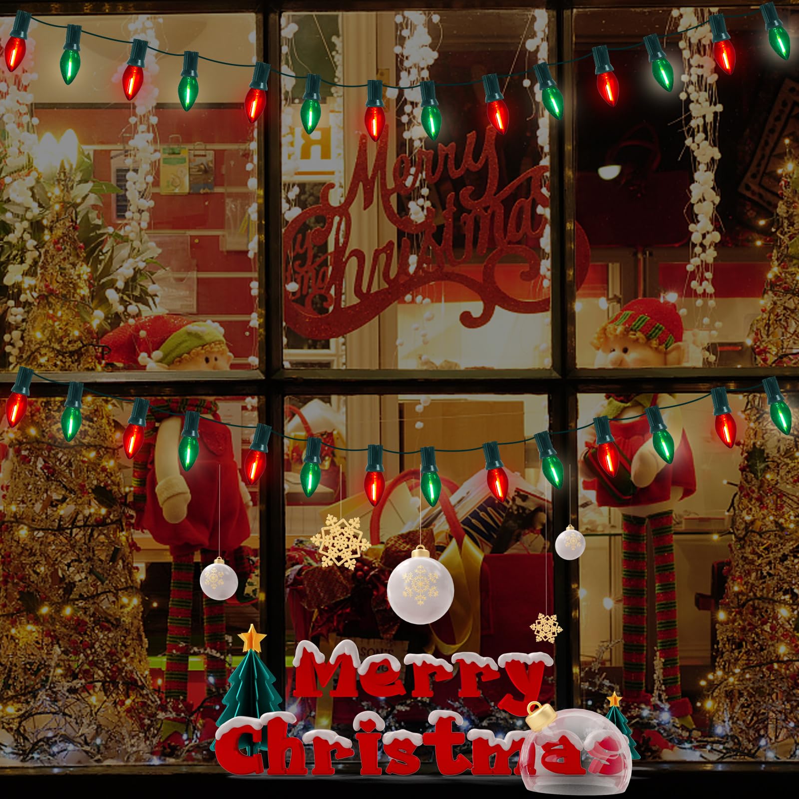C7 Led Christmas Lights Multicolor 25Ft Outdoor Christmas Decoration Lights With 27 Red Green Led Bulbs, Vintage Christmas Light