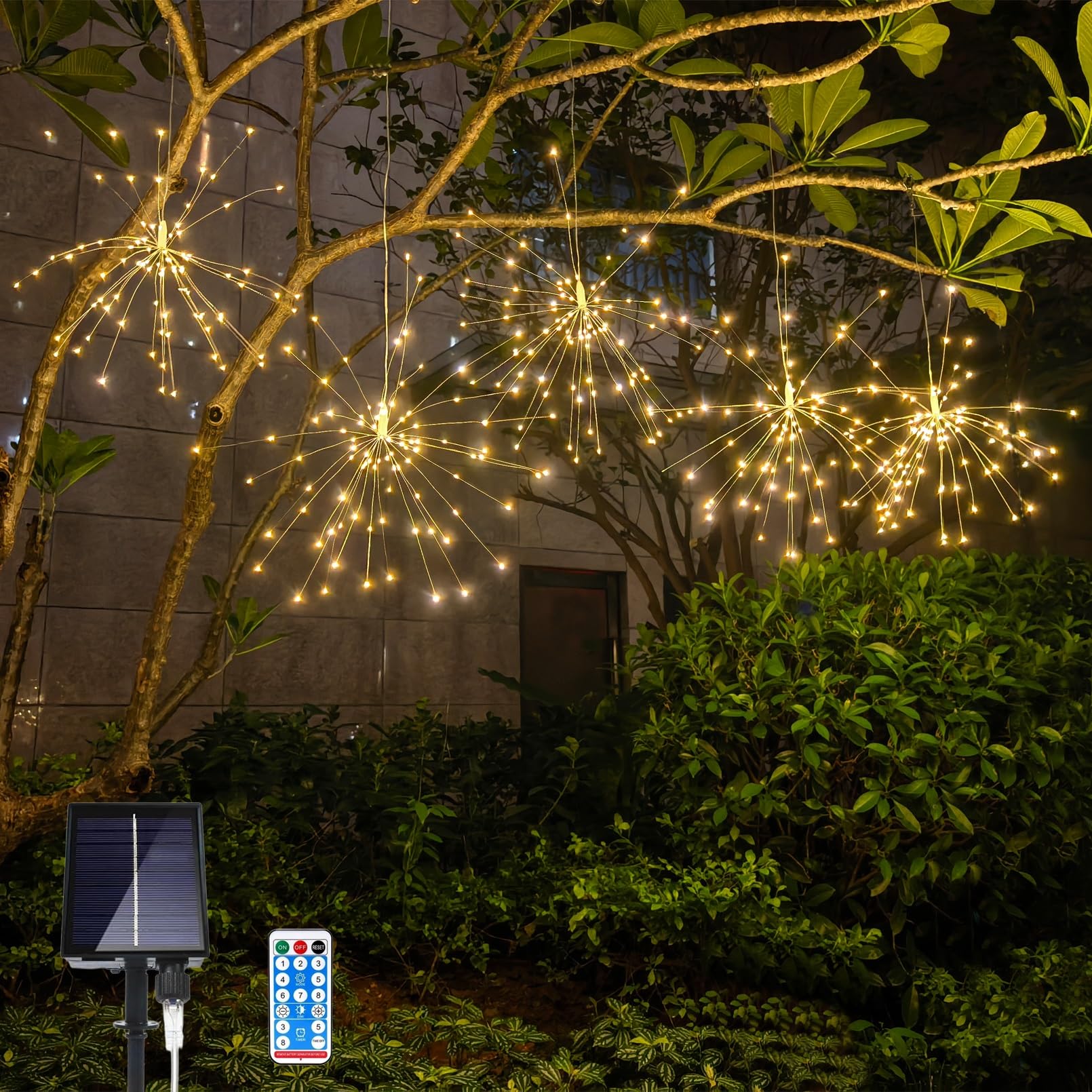 GTSYDING 5 Pack Solar Firework Lights  450 LED 8 Modes Dimmable Waterproof Hanging DIY Starburst Fairy Lights with Remote Timer for Garden Indoor Outdoor Decoration (Warm White  450)
