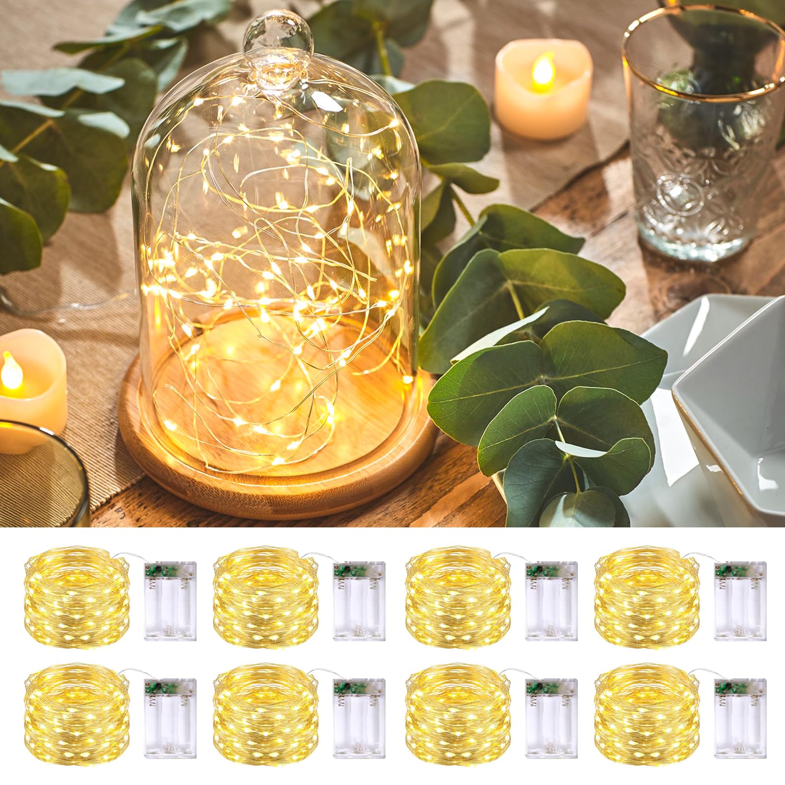 JMEXSUSS 8 Pack 50 LED Fairy Lights Battery Operated String Lights, 16ft Warm White Christmas Fairy Lights Indoor Outdoor Waterproof for Mason Jars Bedroom Party Wedding Christmas Decorations