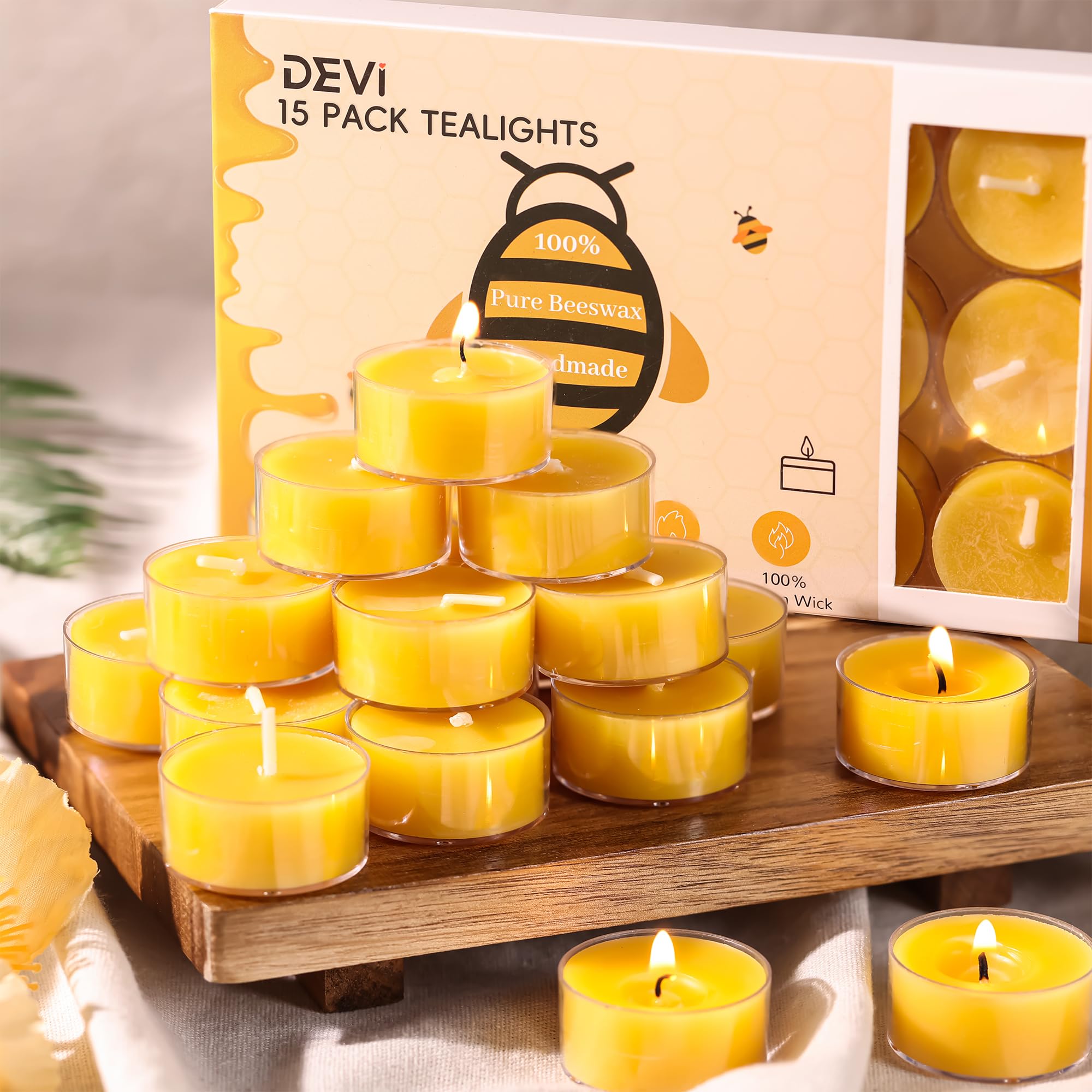 DEVI Beeswax Tea Lights Candles, 15 Pack, Yellow, 4 Hours Burn Time, Model BS-FL6789