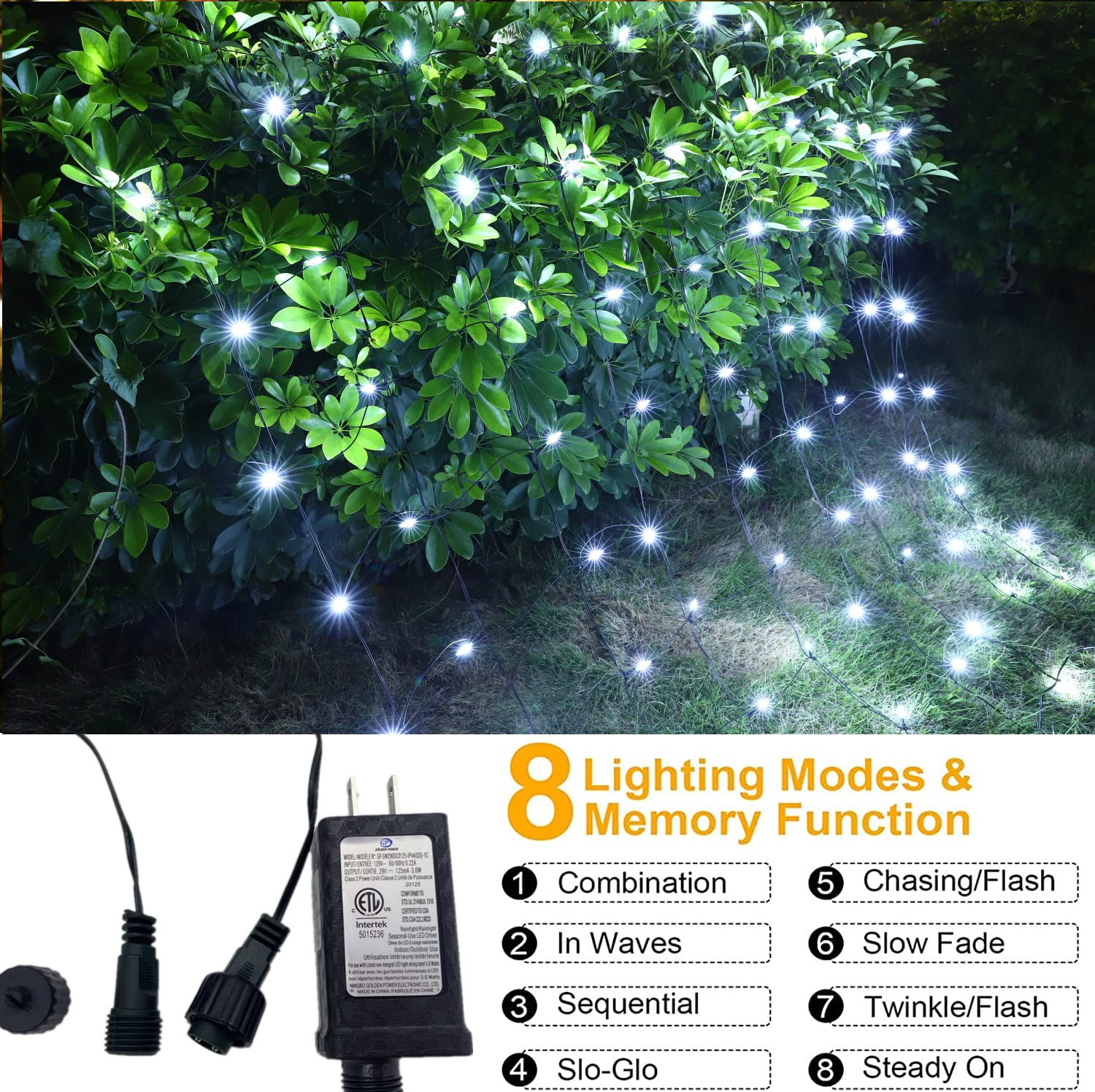 Efunly LED Christmas Net Lights, 100 LED, 5ft x 5ft, Waterproof, 8 Modes, Connectable, White, Model GP-SW290DC0125-IP44