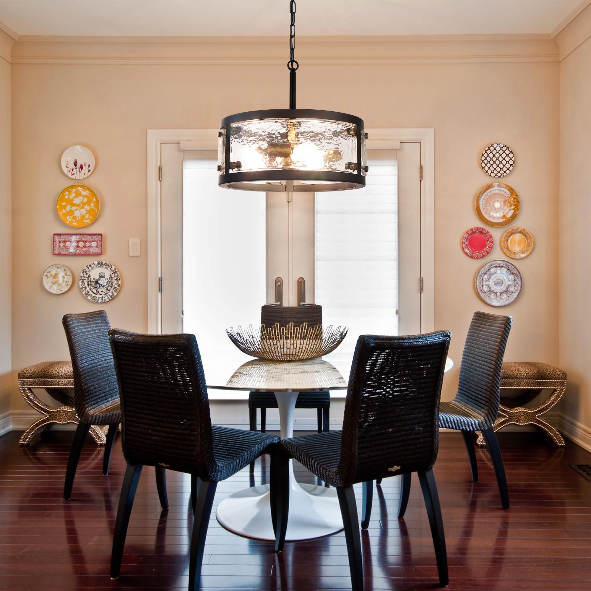 Cnratye 13'' Industrial Drum Glass Chandelier, 3-Light Rustic Hanging Pendant Lights, Metal Round Lighting Fixture For Dining Ro