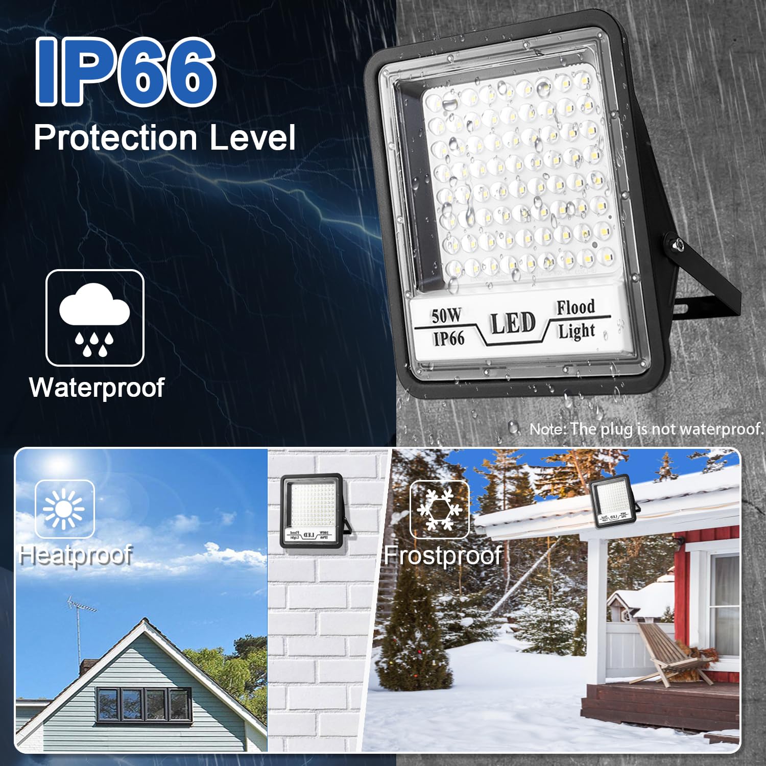 CREATESTAR 50W LED Flood Lights, 6000LM Bright Outdoor Work Light, IP66 Waterproof, Black, Model CHX-FL-A, 2 Pack