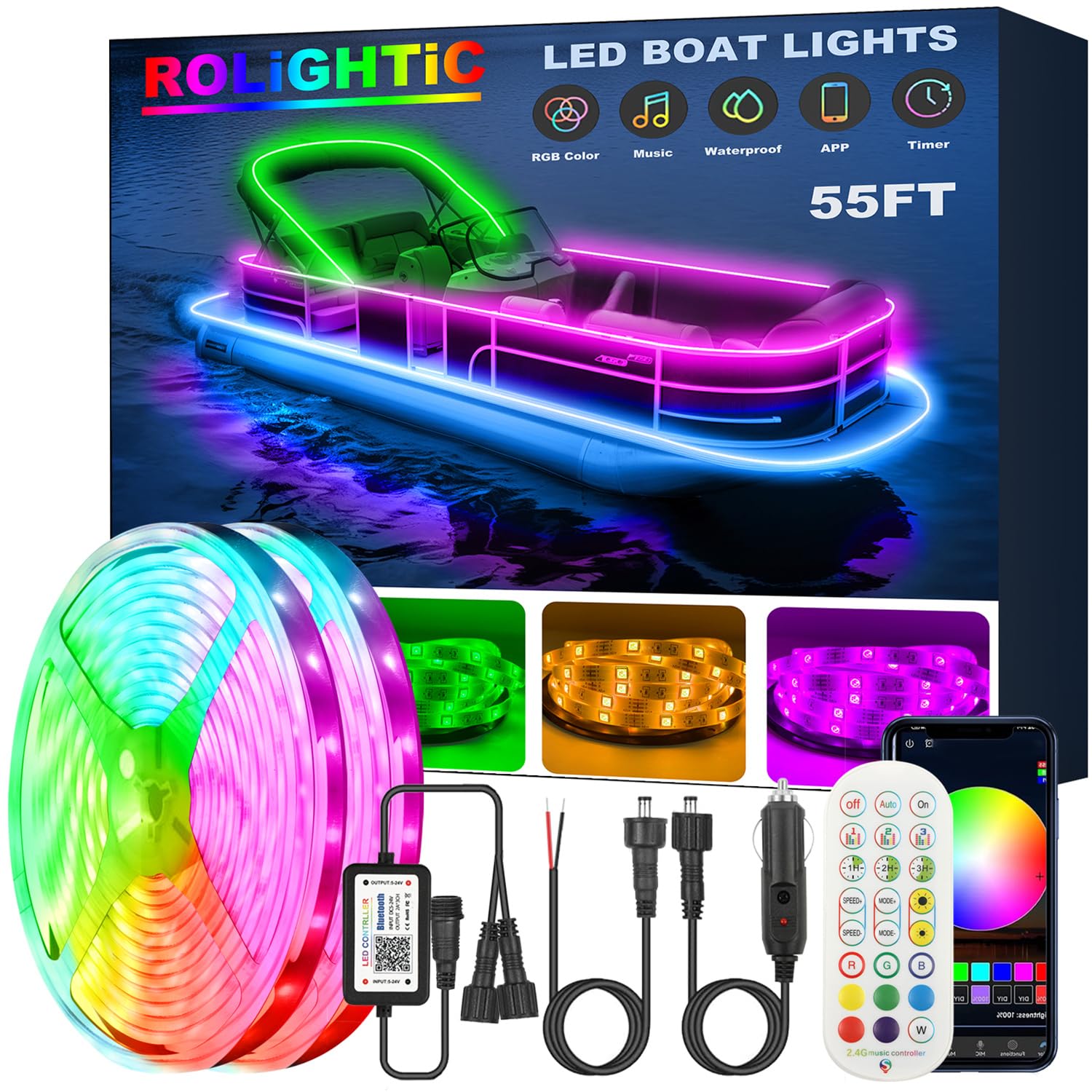 ROLiGHTiC LED Boat Lights, 55FT RGB Marine Strip Lights, 12V IP66 Waterproof, Remote Control, Model DLJ093475