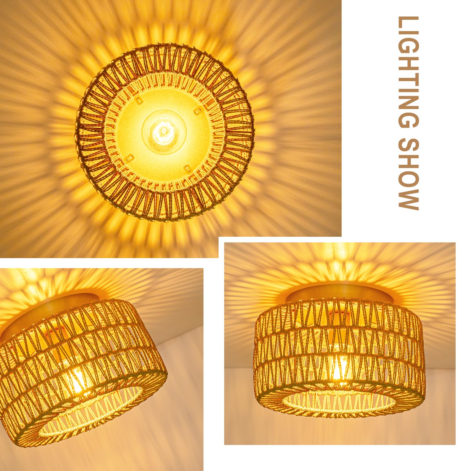 SineRise Rattan Ceiling Light Fixture, 12-Inch Gold Boho Flush Mount, LED Bulb Included, Hand-Woven for Hallway, Kitchen, Living Room