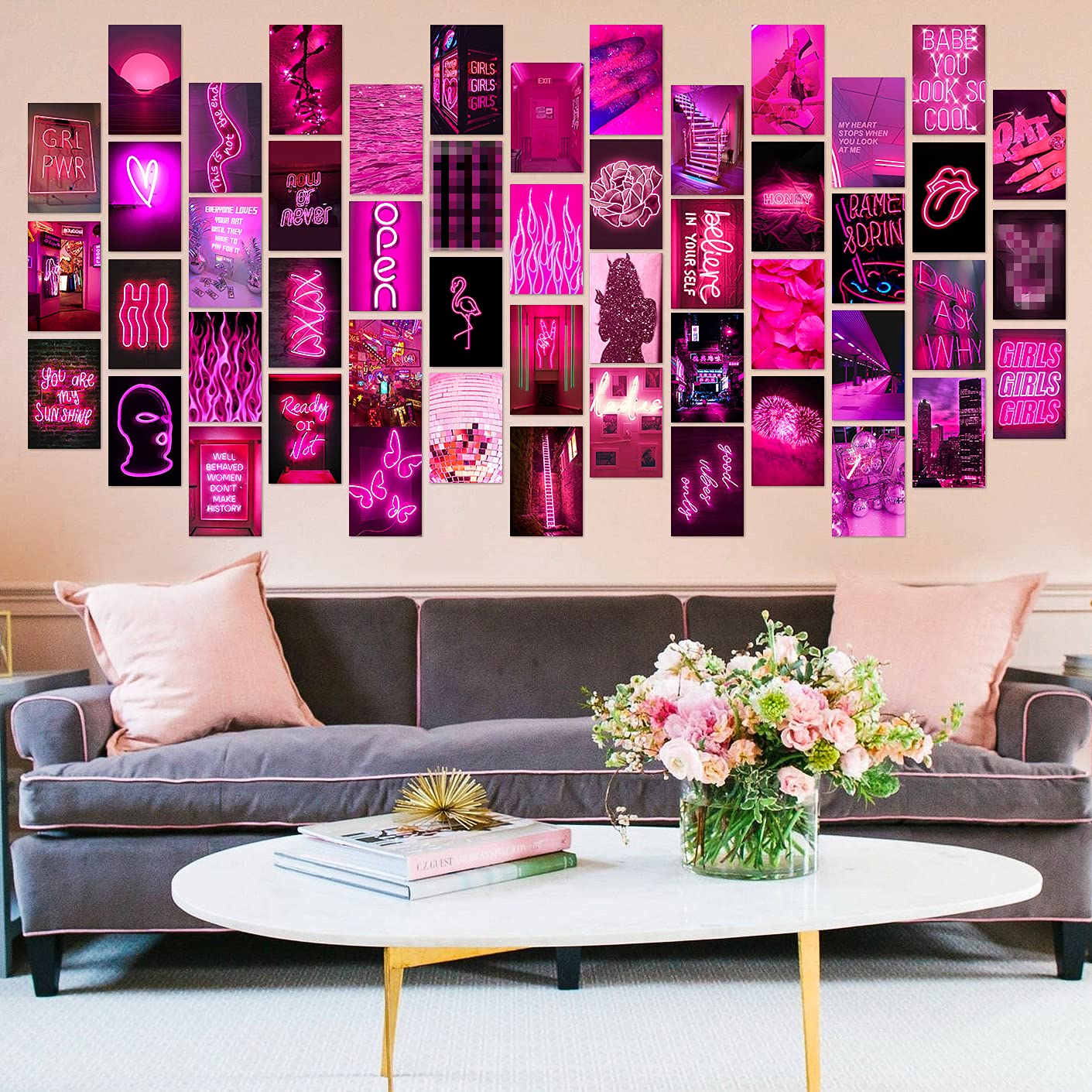 GROBRO7 50PCS Pink Neon Aesthetic Wall Collage Kit, Wall Art Collage Kit, Aesthetic Posters for Dorm Wall Decor, Wall Art Print