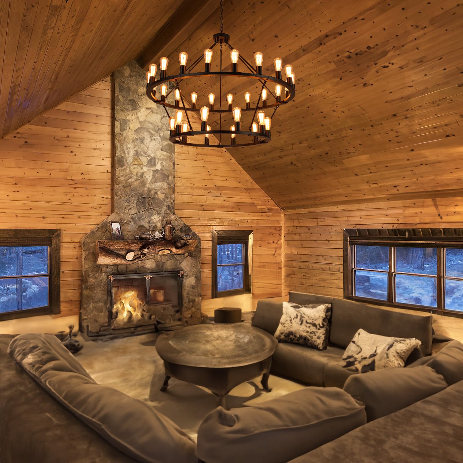 Senyshilon Large Black Wagon Wheel Chandelier, 30-Lights 48&quot; Farmhouse Light Fixture