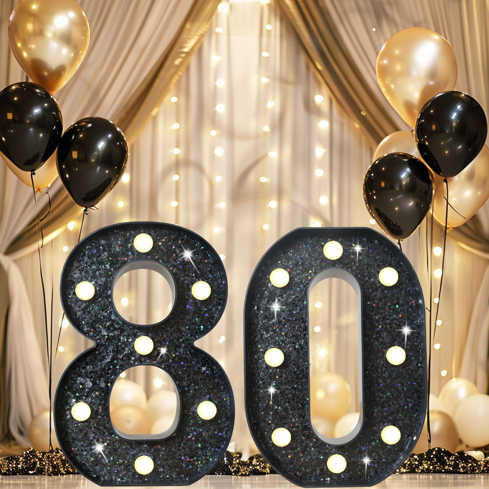 8.8 Decorative Led Light Up Numbers  Glitter Marquee Numbers Lights For 80Th Birthday Decorations  Shiny Lighted Number Sign For Birthday Party Wedding Anniversary Home Decor  Glitter Black 80