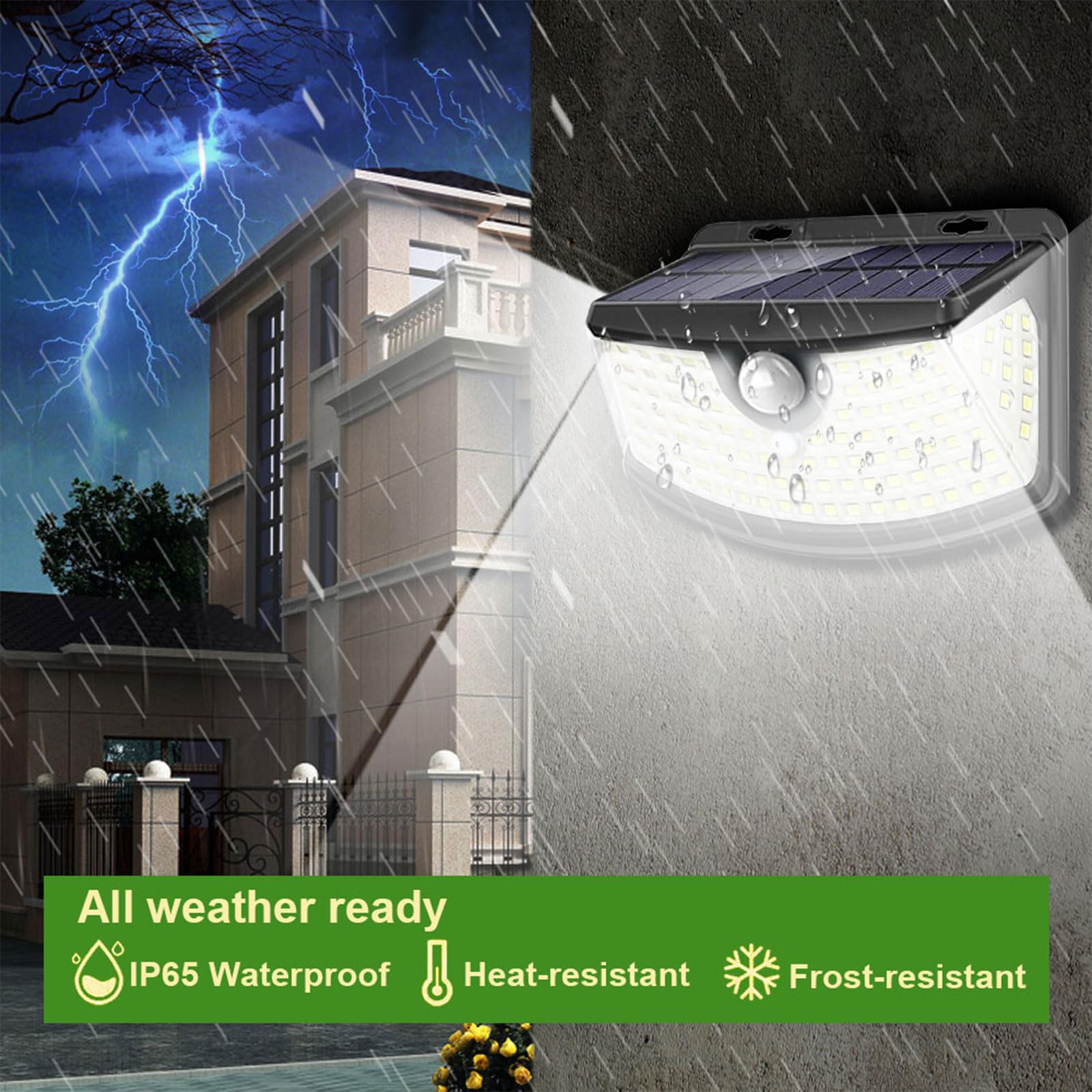 Aootek Solar Motion Sensor Lights, 120 LEDs, IP65 Waterproof, 270° Wide Angle, Front Button 4-Pack, Black, Model AK06