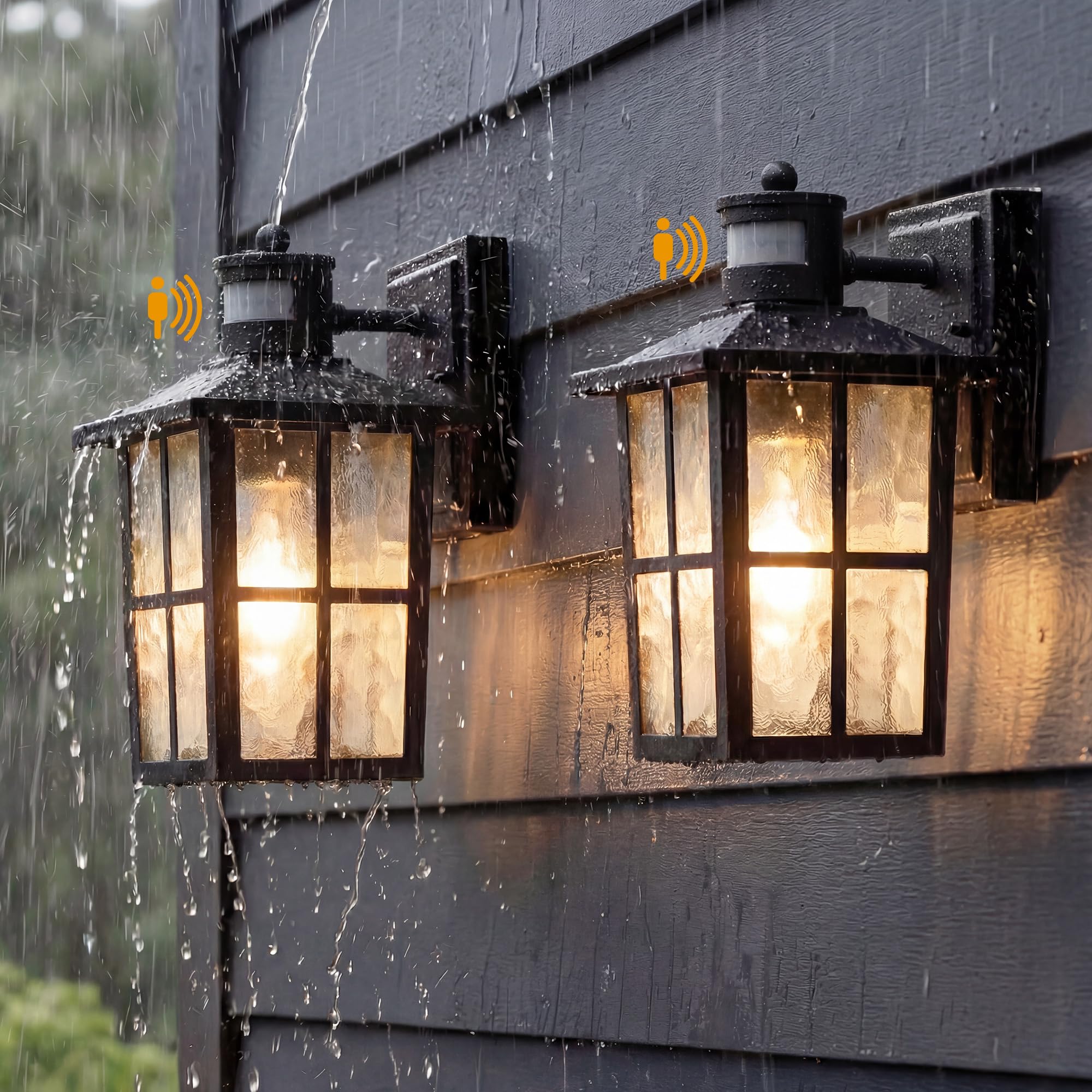 KDG Outdoor Motion Sensor Patio Wall Light Fixtures Set of 2, Black E26 Socket Waterproof Lanterns with Tempered Glass, Modern W