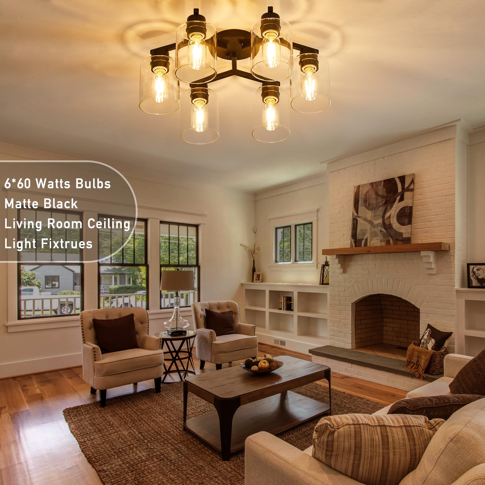 6-Light Semi Flush Mount Ceiling Light Fixture, Black Light Fixtures For Dining Room Ceiling, Large Kitchen Lighting Fixtures Ce