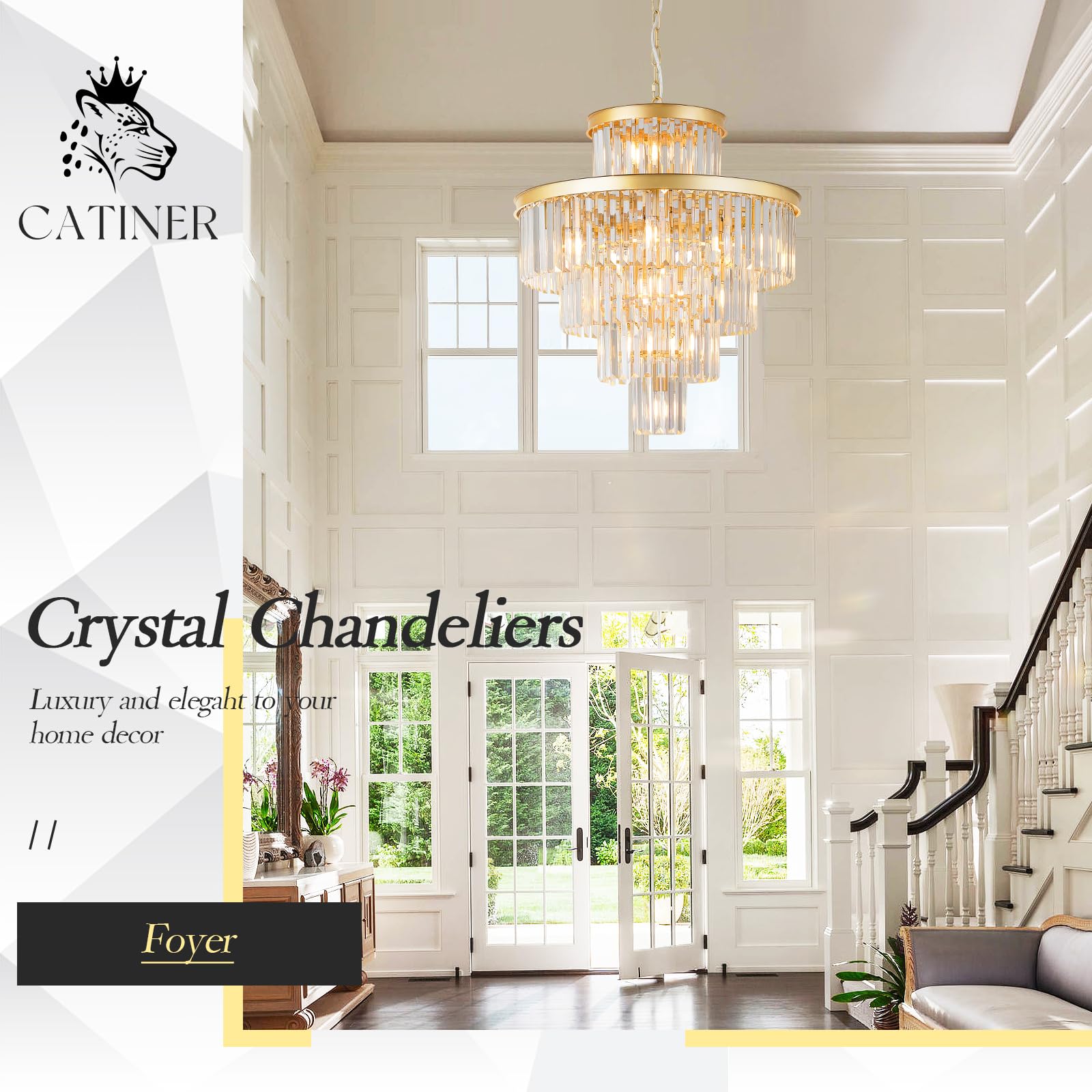 Catiner Modern Gold Crystal Chandelier 15 Lights 24'' Round Light Fixture Luxury 5-Tier K9 Crystals Chandelier Contemporary Pend