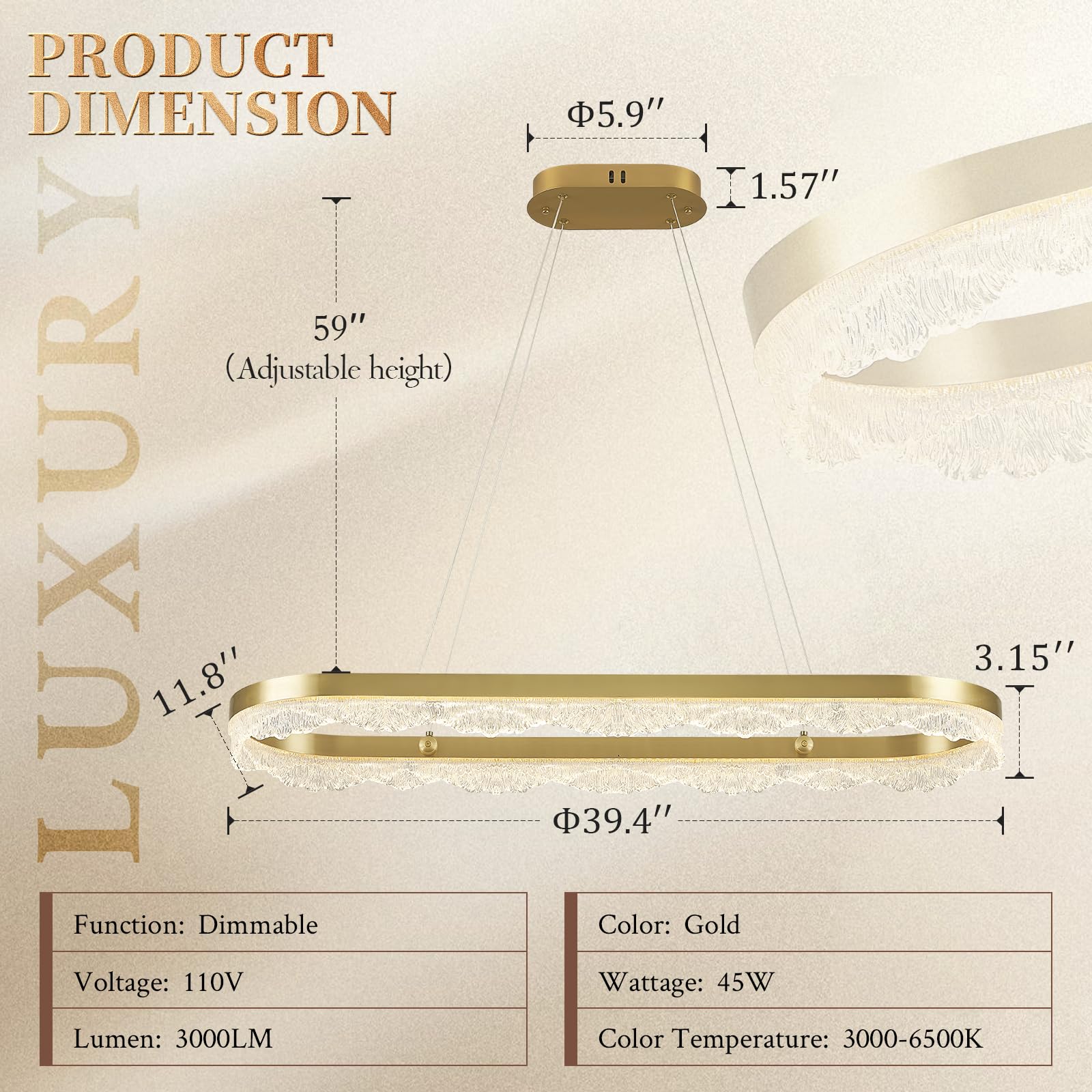 Sparklelf Modern Gold Chandelier L39.4? Luxury Rectangular Led Chandelier For Dining Room Luxury Dimmable Flush Mount Pendant Li