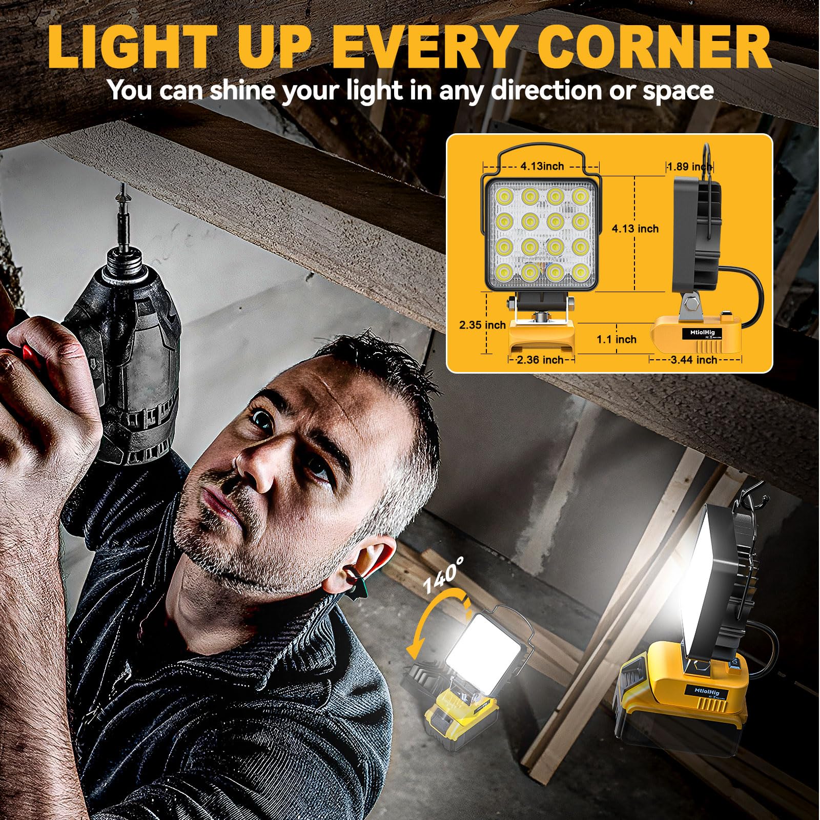 MtiolHig 2Pcs Cordless LED Work Light, 48W 4800 Lumens, Aluminum, Compatible with Dewalt 18V/20V Battery, USB & Type