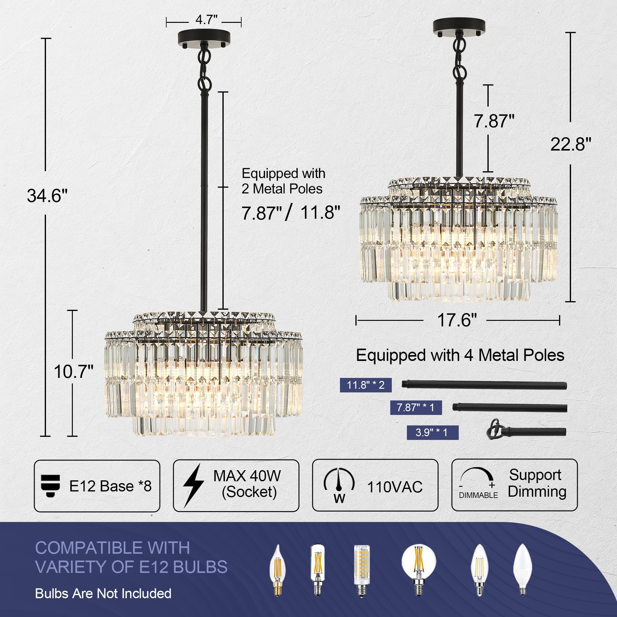 Lighceac Modern 17.6 Black Crystal Chandelier Ceiling Light Fixtures For Dining Room stylish Glam 8-Light Crystal Chandeliers Lighting For Bedroom Entryway Hallway Living Room Kitchen Island Foyer