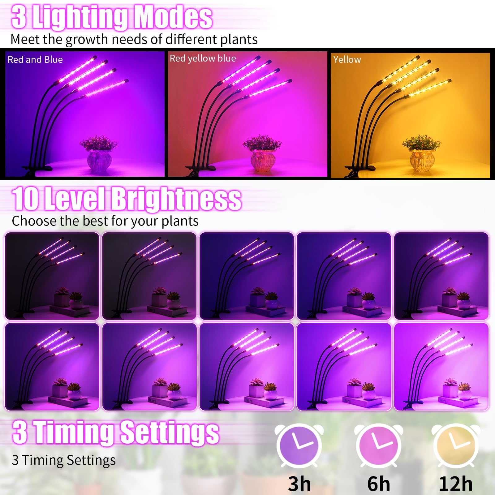 Widicoko Led Grow Lights, 4 Heads Full Spectrum, Dimmable, Auto On/Off For Indoor Plants