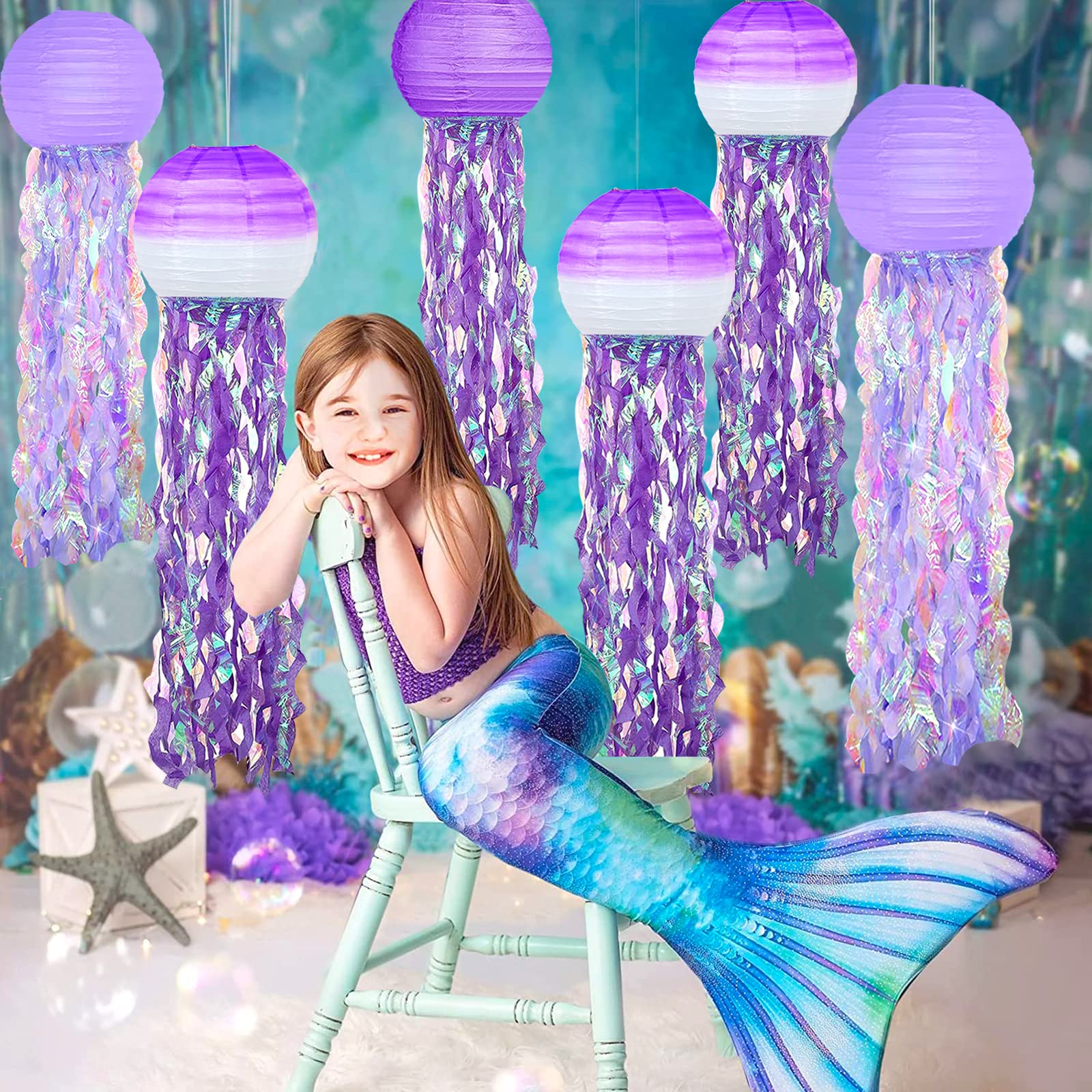 6 Packs Jellyfish Paper Lanterns Hanging Mermaid Wishes Lantern Gradient Purple Lavender Purple Ocean Theme Party Supplies Great