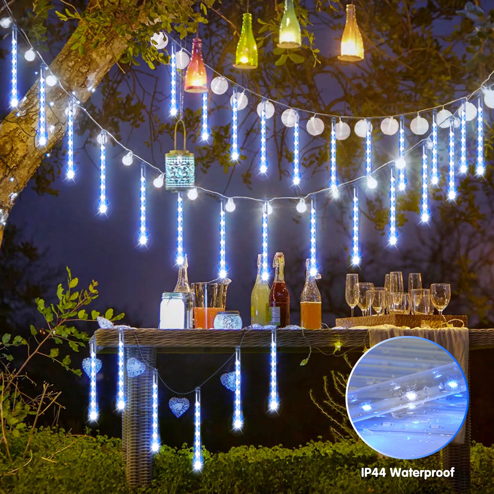Jmexsuss Blue And White Solar Meteor Shower Rain Lights, 30Cm 8 Tube 144 Led Solar Lights For Party Holiday Yard Patio Decorations