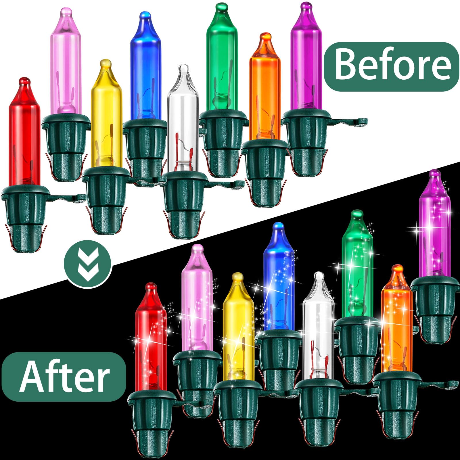 Mudder 200 Count Mini Replacement Christmas Tree Light Bulbs, 2.5V, Incandescent, Green Base with Colorful Bulbs