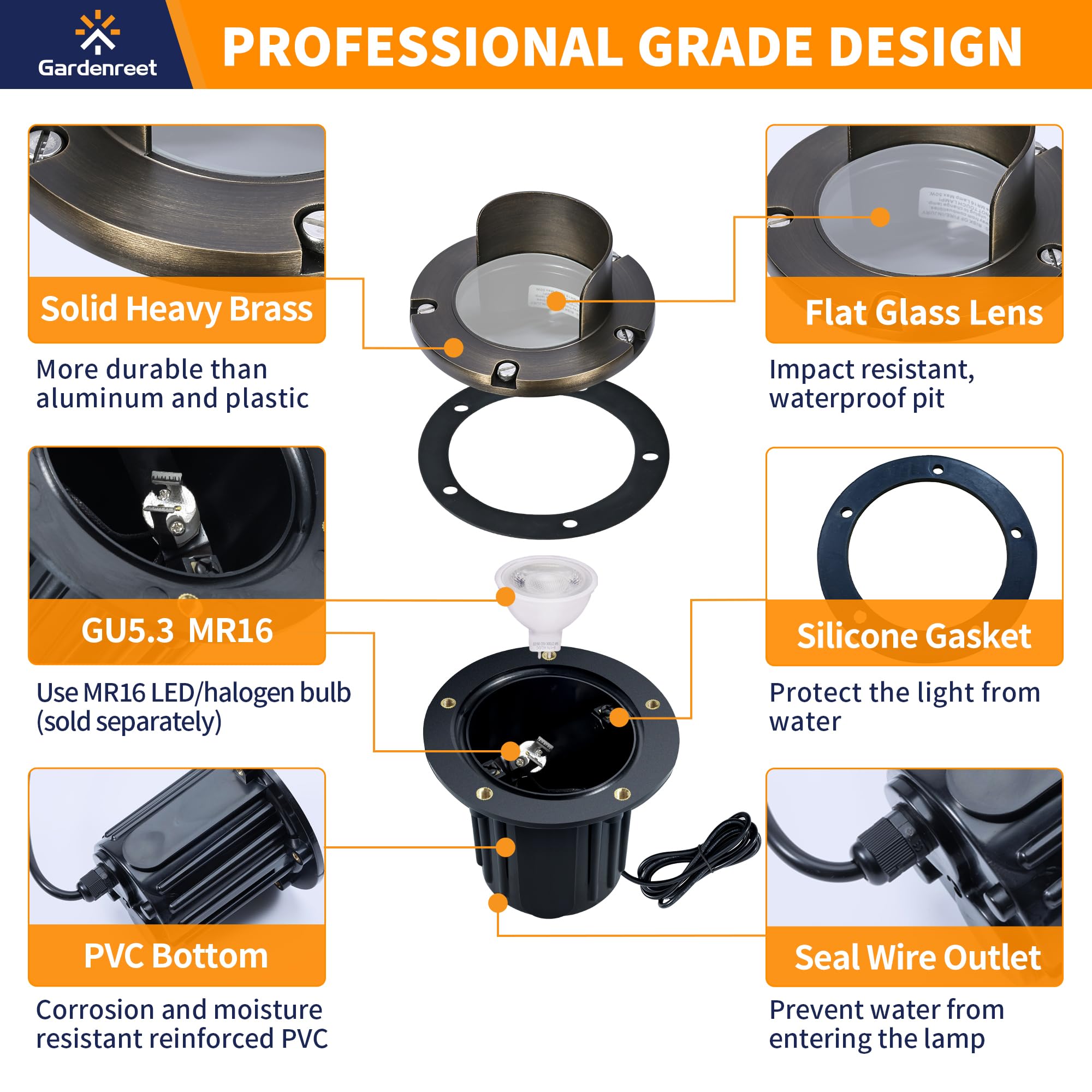 Gardenreet Landscape Well Lights Brass - Electric Hardwired Ip65 Low Voltage In Ground Lighting, Led 12V Waterproof Directional