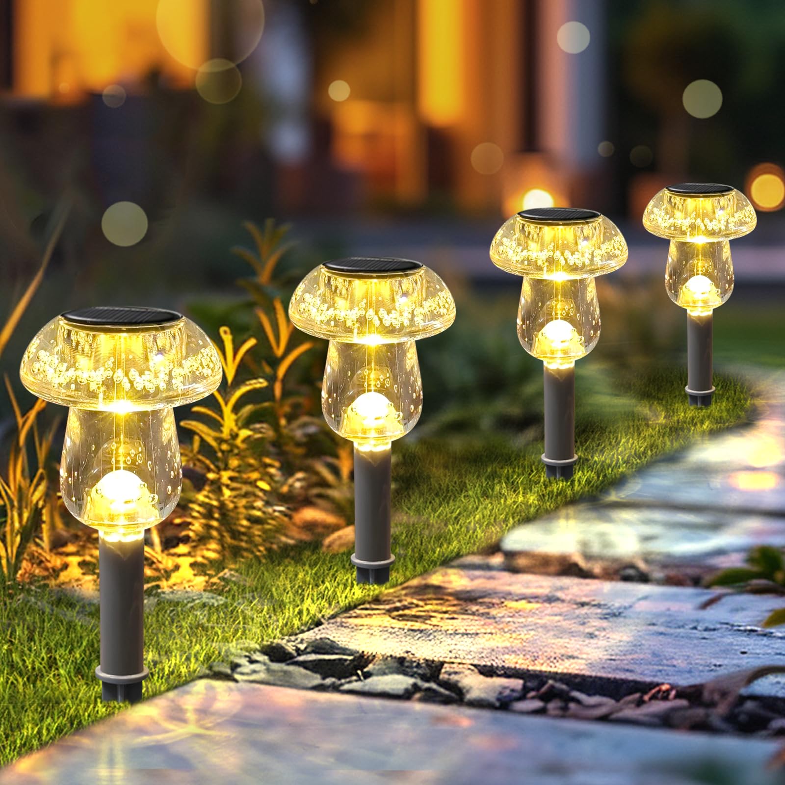 Benany Solar Pathway Lights, 8 Pack, LED Mushroom Design, 2.5inW x 9.4inH, Warm White, High Transparency Acrylic, Model MU001