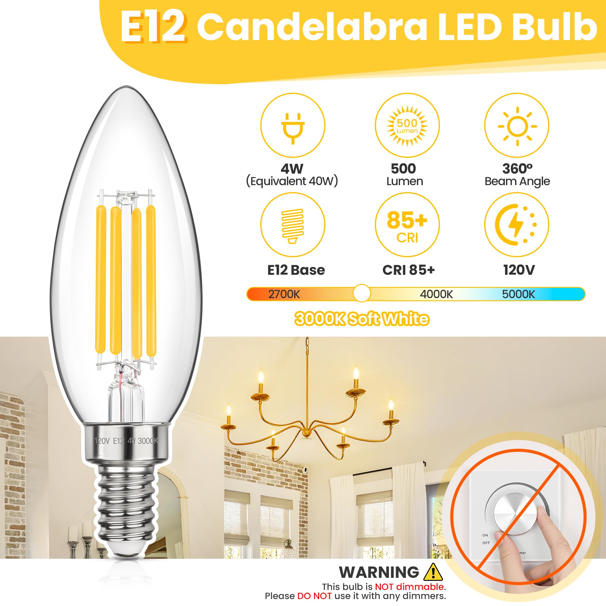 GGOYING LED Chandelier Light Bulbs, 4W B11 Filament, E12 Base, Soft White 3000K, Clear Glass, 5 Pack