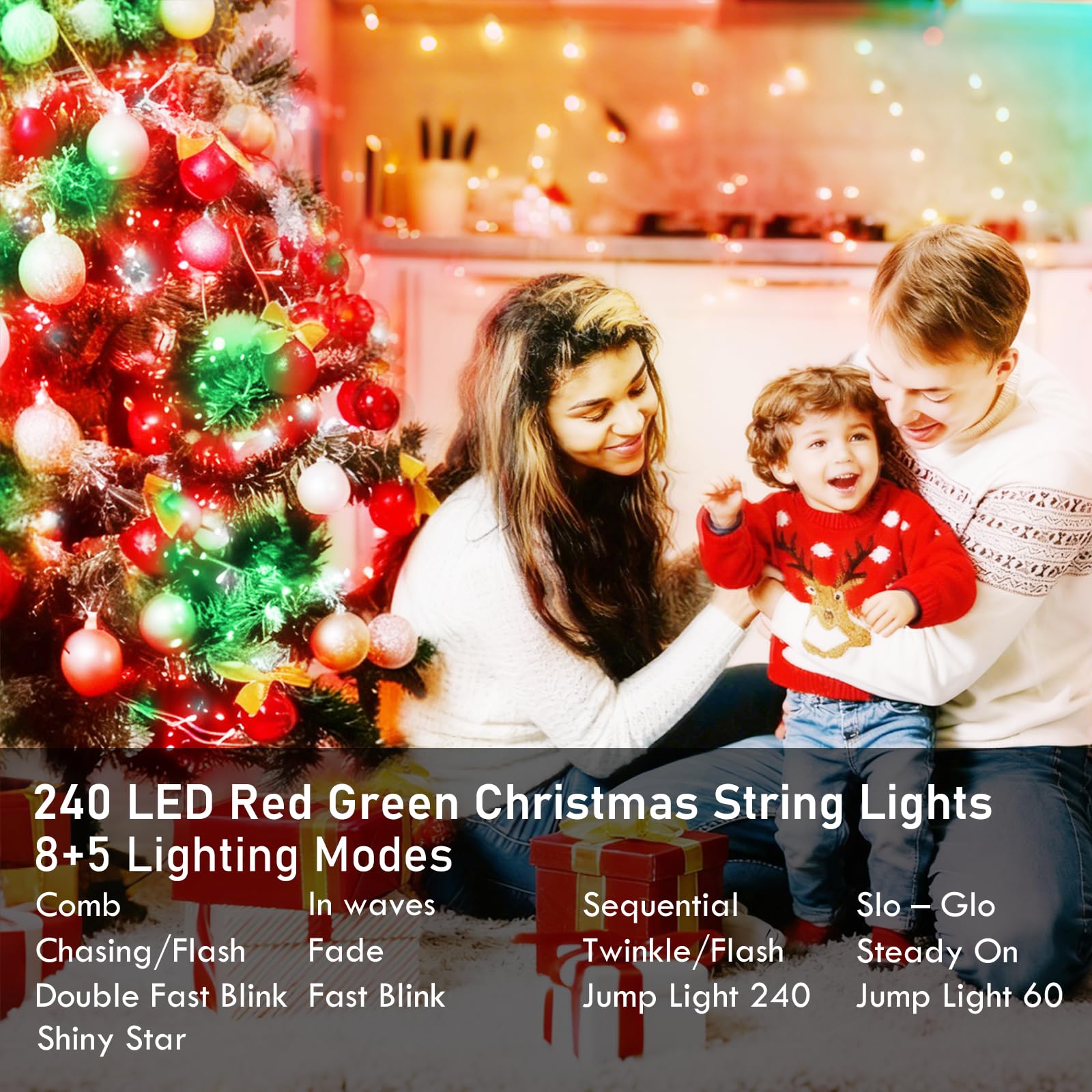 88Ft 240Led Extra-Long Connectable String Lights Indoor Outdoor Clear Wire  Red&Green Christmas String Lights  Plug In Twinkle Fairy Light With Timer For Wedding Patio Tree Yard Christmas Decorations
