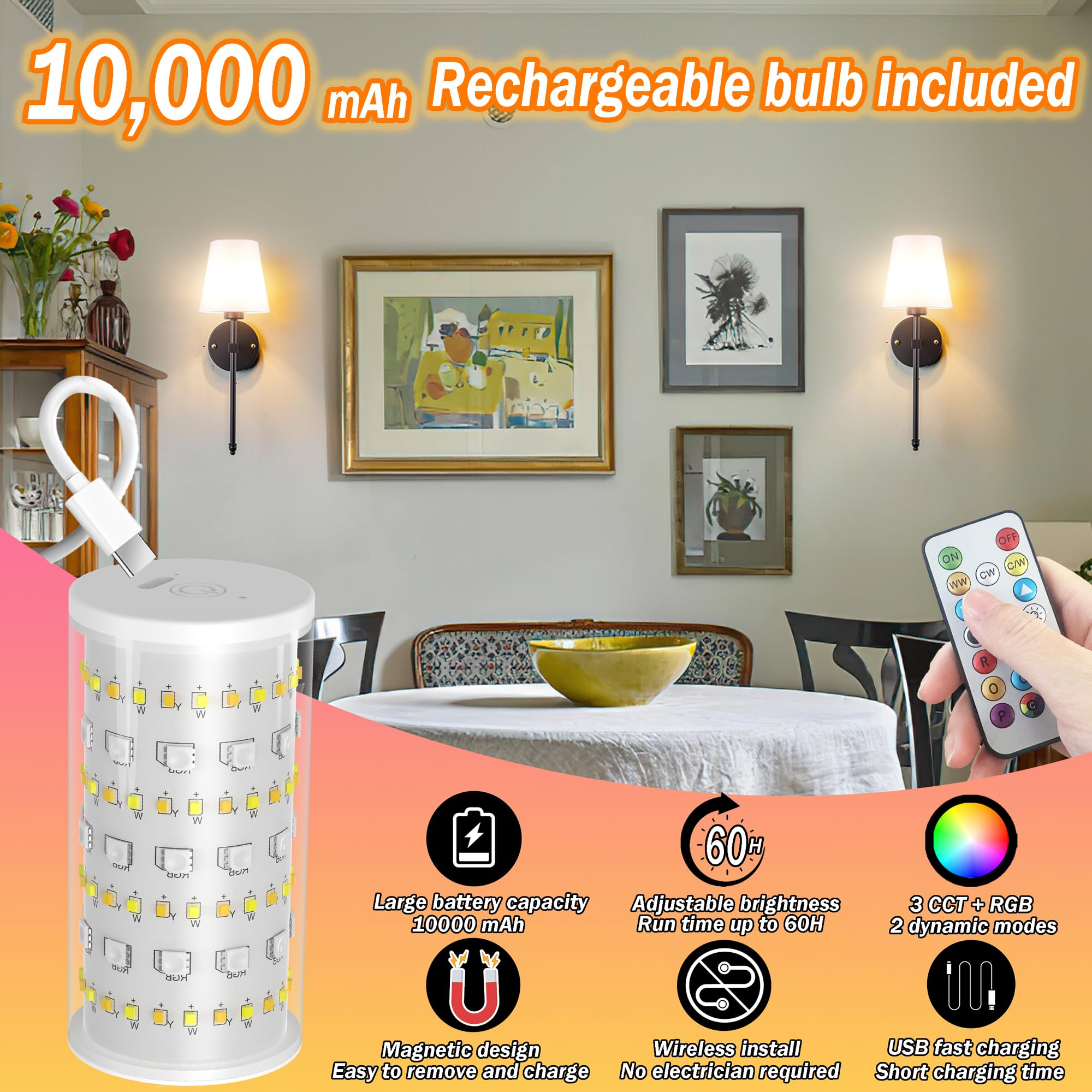 Vimhou Wall Sconces Set of Two, Battery Operated, Wireless, RGB Dimmable, Rechargeable, Black, One Size