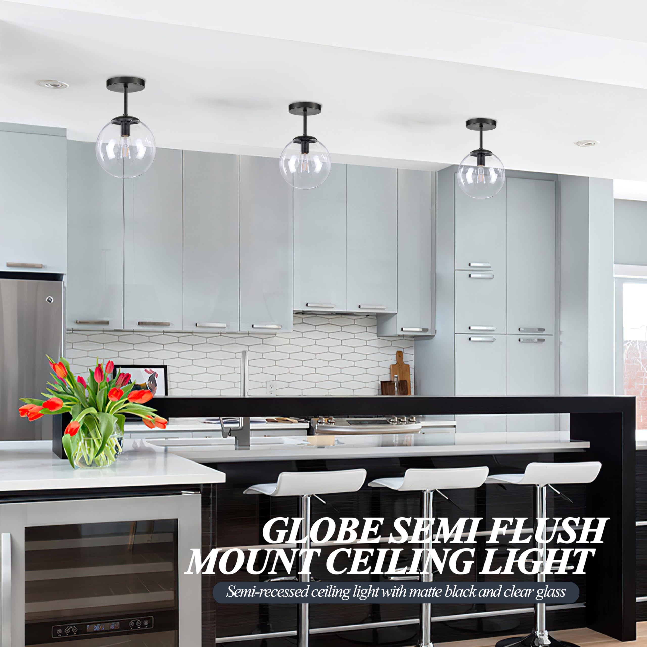 Globe Semi Flush Mount Ceiling Light, Clear Glass With Matte Black Finish, Mid Century Modern Light Fixture Ceiling, Hallway Liv