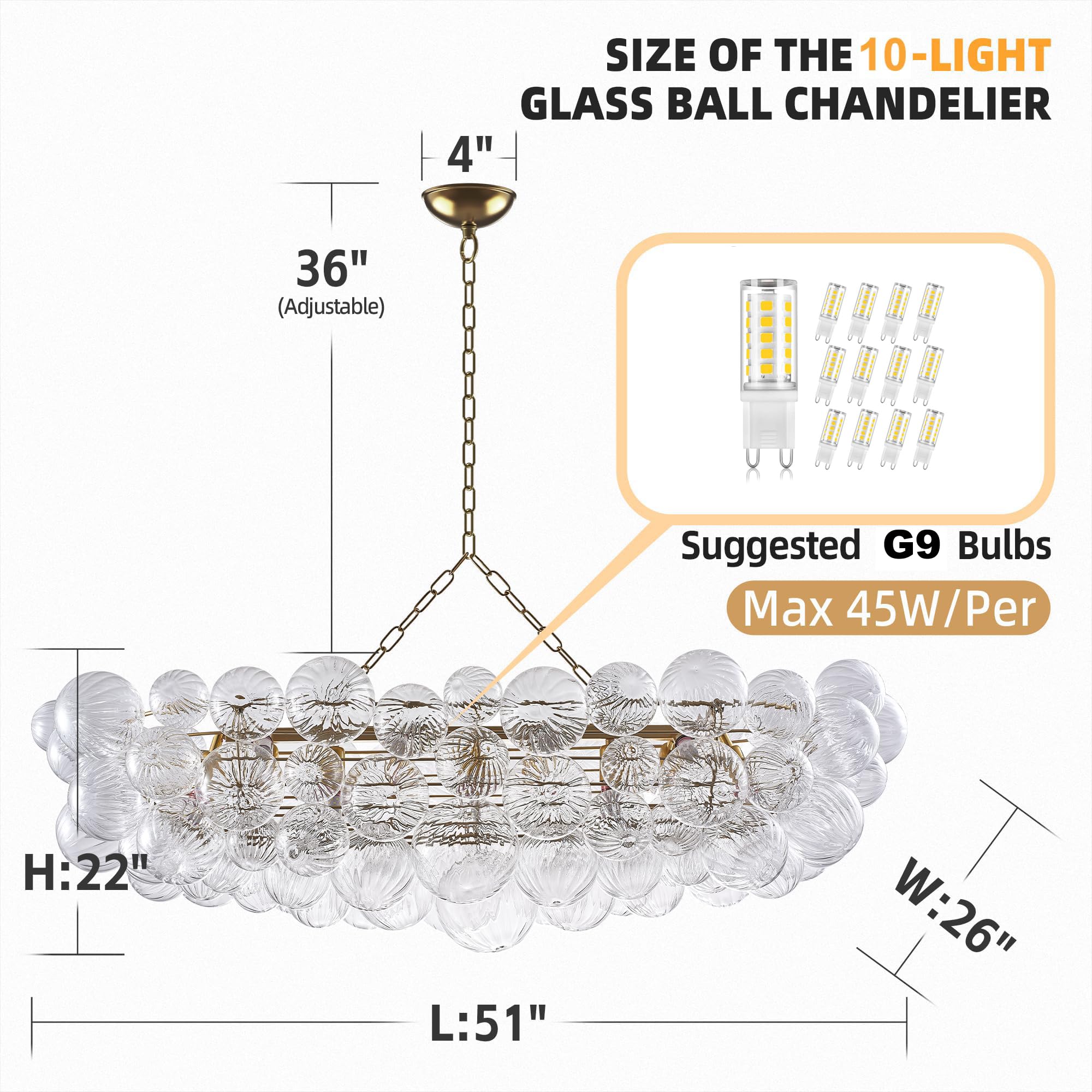 Beypan Luxury Bubble Glass Chandeliers Clear Ribbed Blown Swirled Glass Globe Long Chandelier 51" L X 26" W X 22" H Hanging Pendant Light Fixture For Living Room Restaurant Dining Table Conference