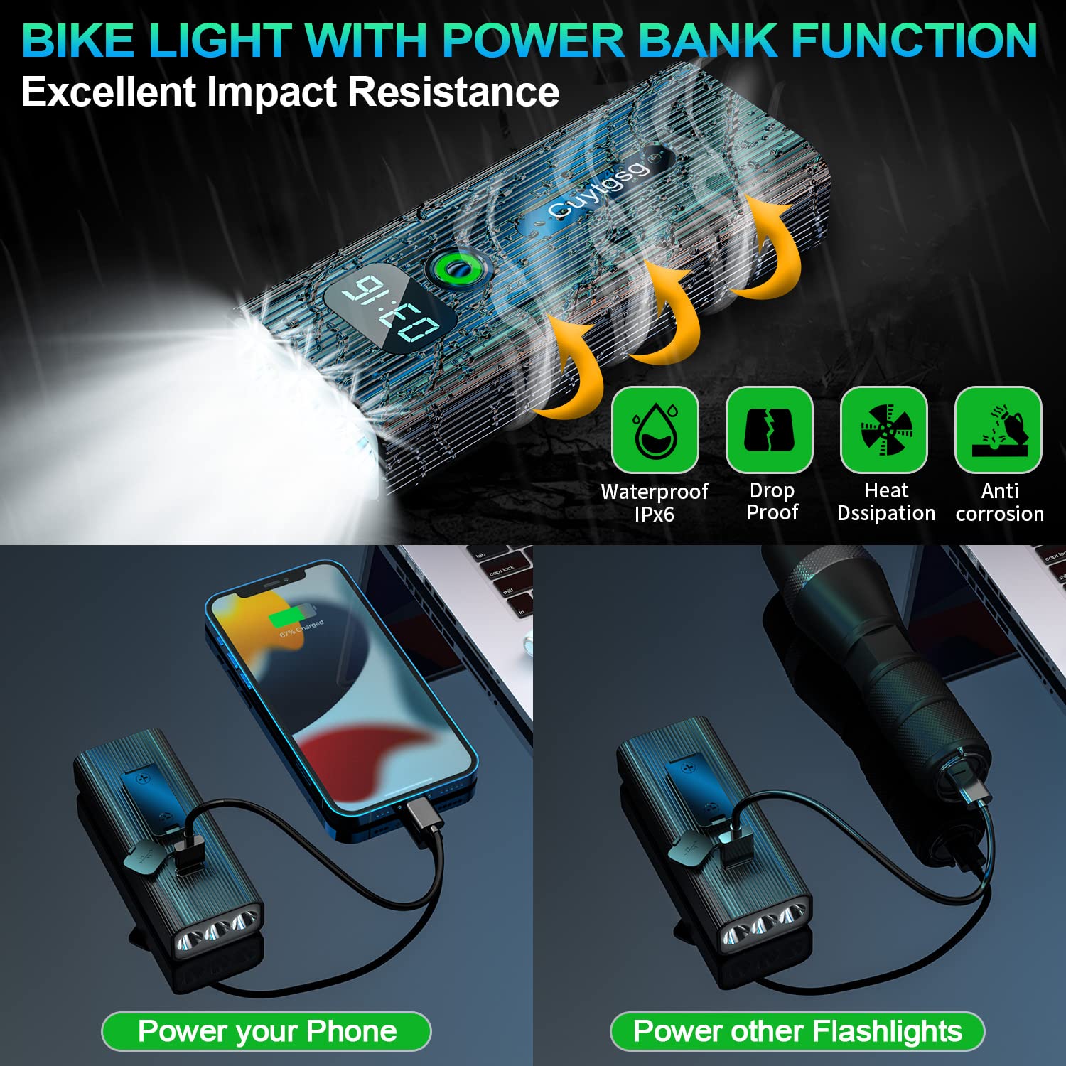 Cuytgsg 2025 LED Bicycle Light - Super Bright, 10 Modes, Waterproof IPX6, Rechargeable, 360° Rotatable, Blue, Model bb660