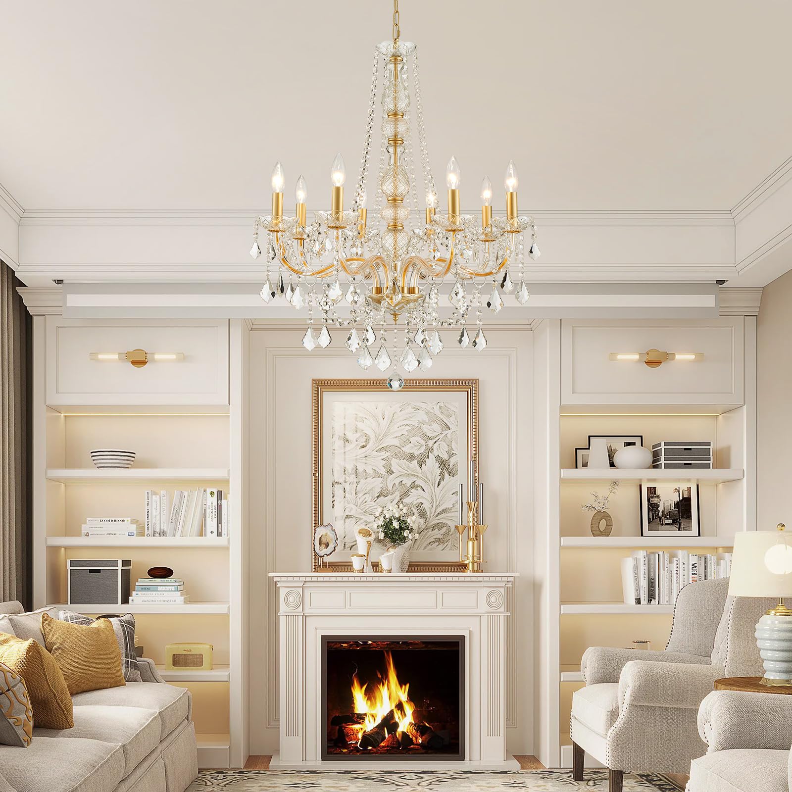 Wuzups 8-Light Crystal Candle Chandelier Pendant Ceiling Light Modern Lighting Fixture For Bedroom Hallway Bar Kitchen Bathroom  H 35.4 W 27.6  E12 Base  Gold