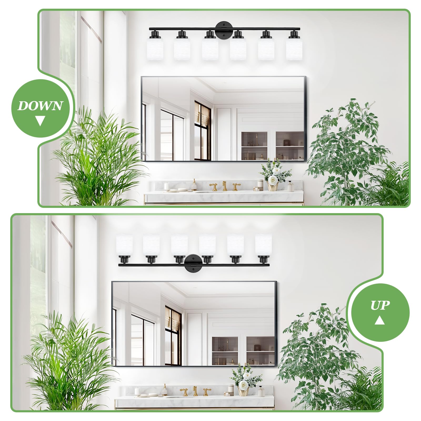 Guliaofo 6-Light Matte Black Vanity Lights, E26 Base, Milky White Frosted Glass Shade, Modern Bathroom Wall Sconce, Model Gu-111-LWNBH-5