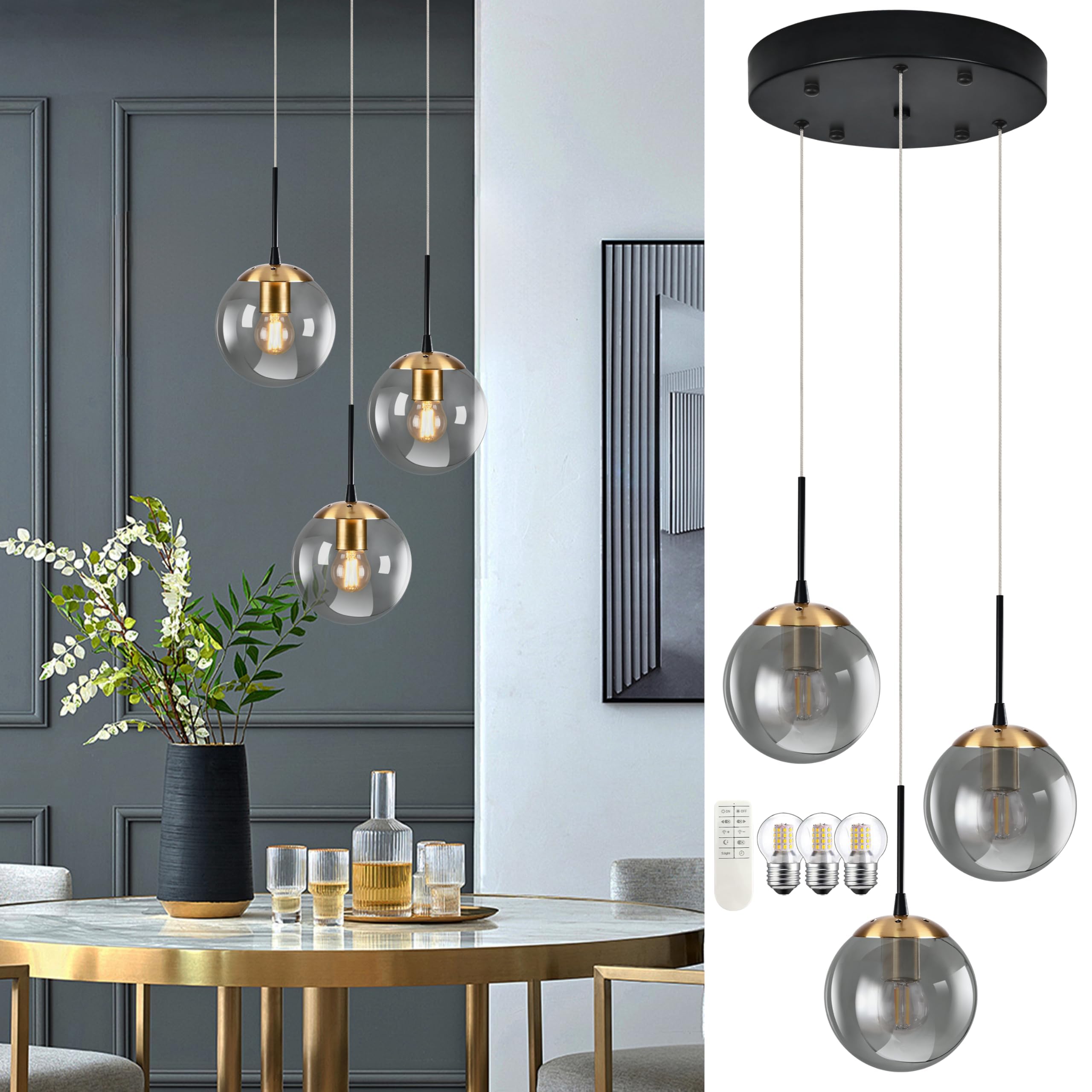 KoKo&Yukina Gold 3-Light Globe Pendant Light Modern Globe Chandelier Light Fixture Hanging Lights Adjustable with Grey Glass Pen
