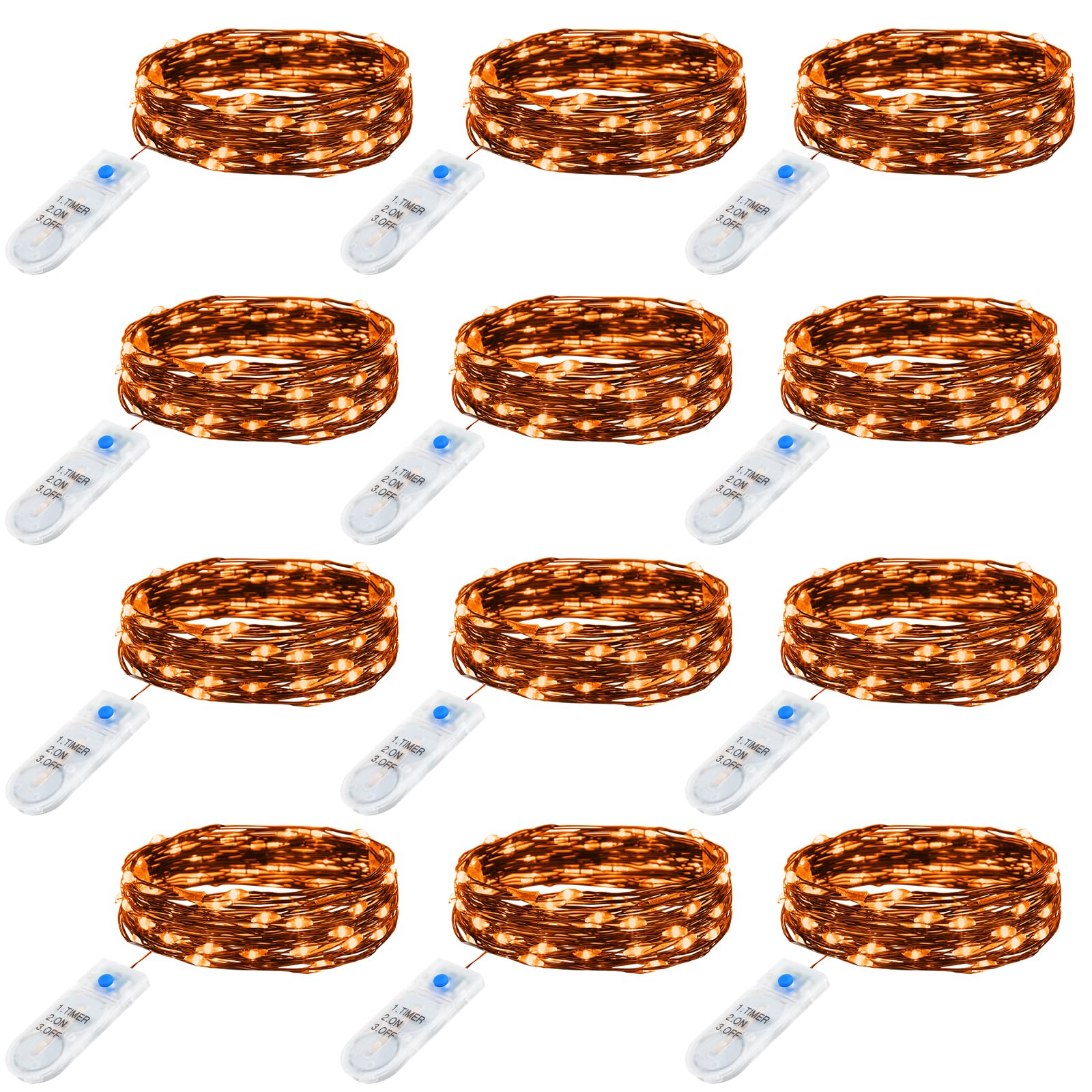 Minetom 12 Pack Orange Fairy Lights Battery Operated with Timer - 7ft 20 LED Waterproof Short Micro Firefly Lights for Halloween Decor, Pumpkin DIY Craft, Paper Lantern Decoration