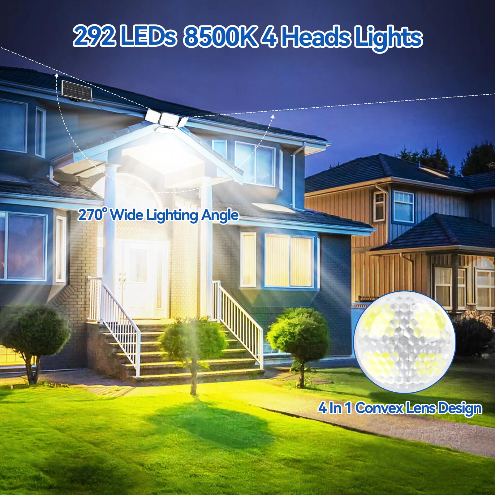 Aialun Solar Security Lights Outdoor, Dual Motion Sensor, 8500K, 292 LEDs, 4 Heads, 16.4ft Cable, Remote Control, Black, Model TYN-